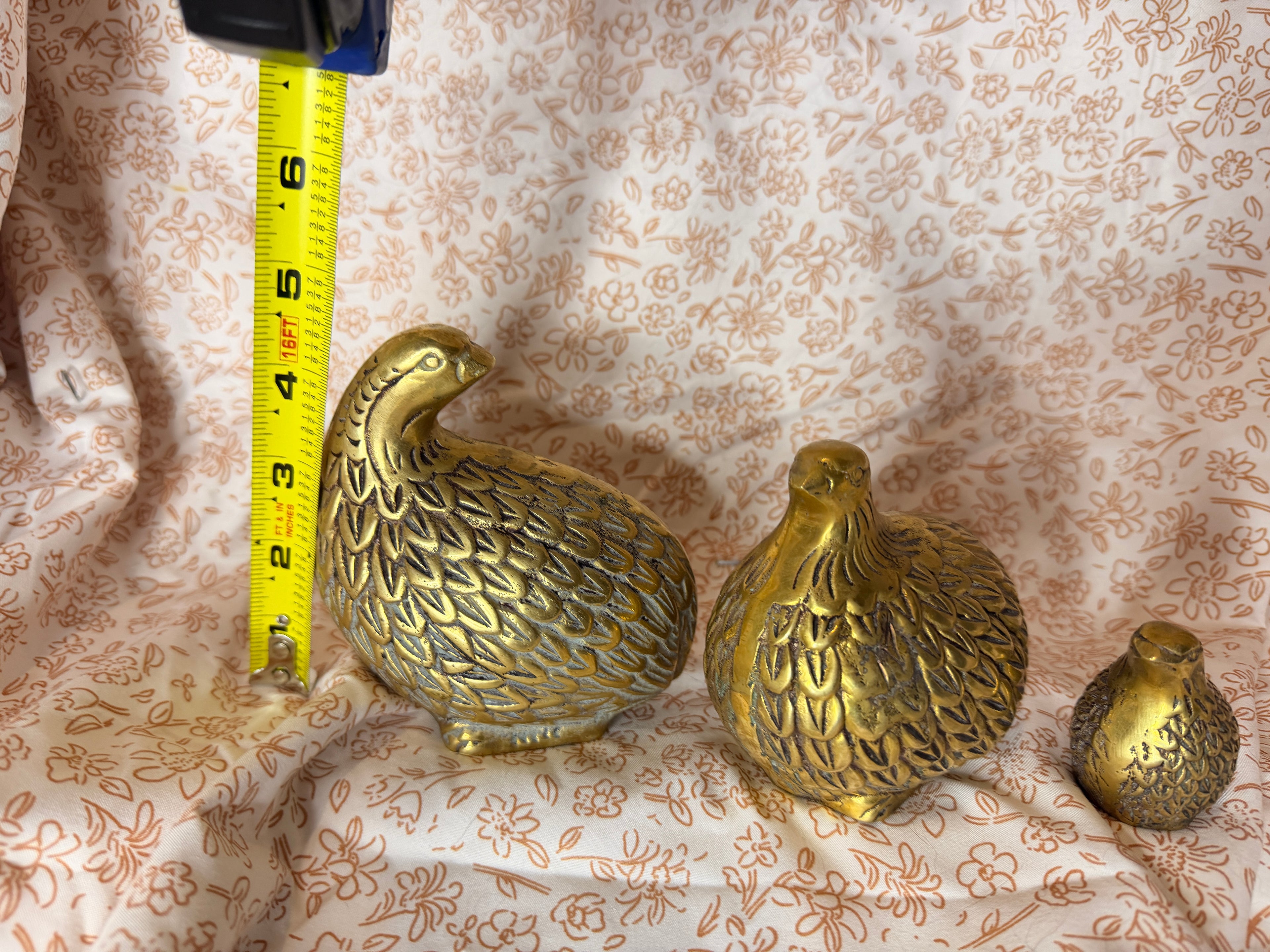 Vintage Solid Brass Quail Figurines Set of 3 Mid Century Modern Bird Family