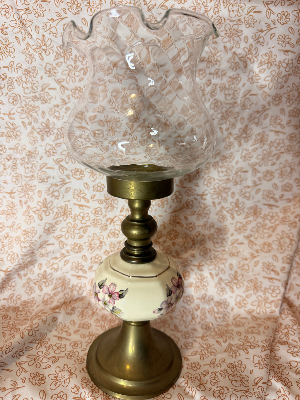 Vintage Brass Hurricane Candle Holder with Hand Painted Floral Porcelain Accent