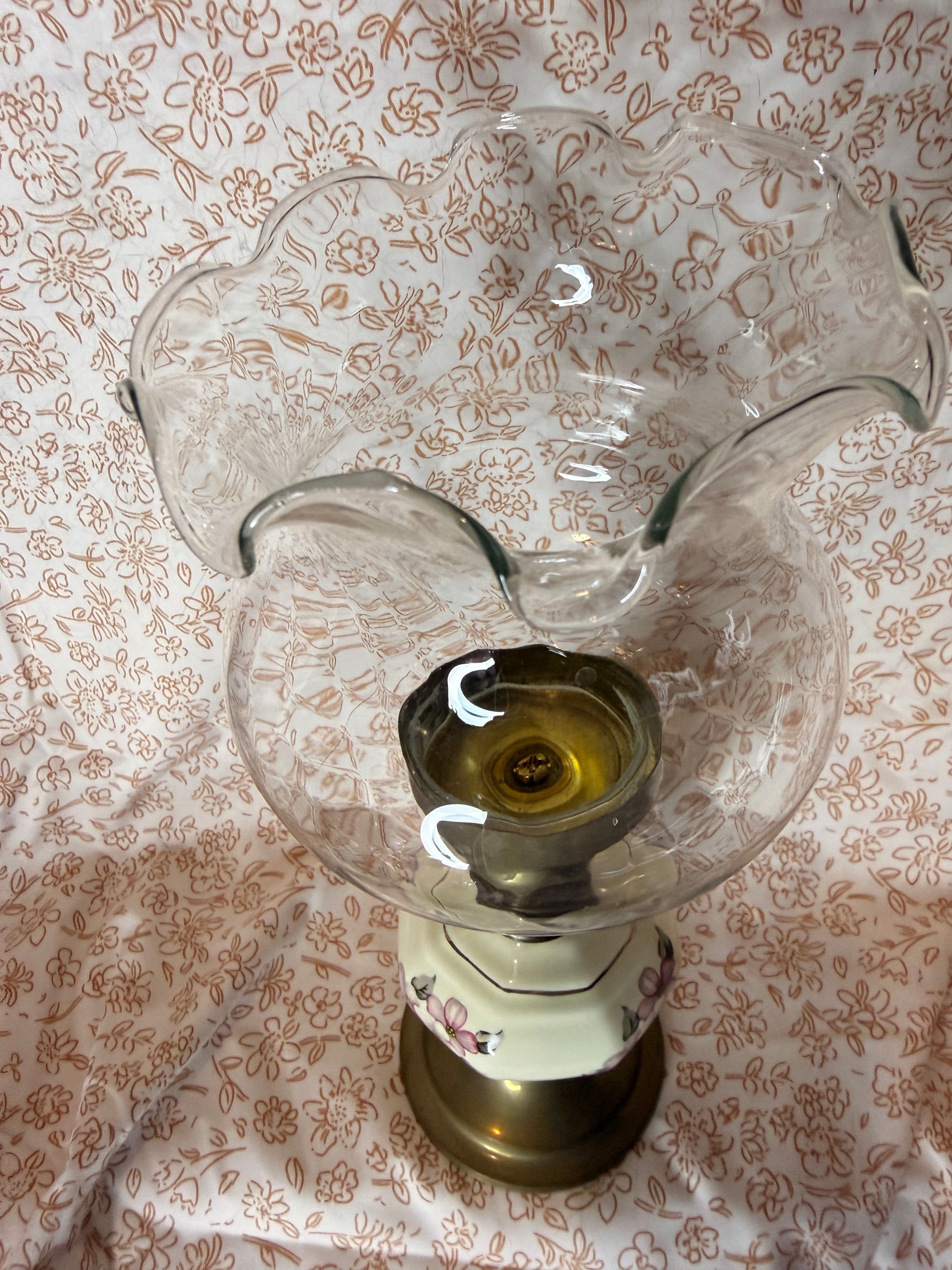 Vintage Brass Hurricane Candle Holder with Hand Painted Floral Porcelain Accent