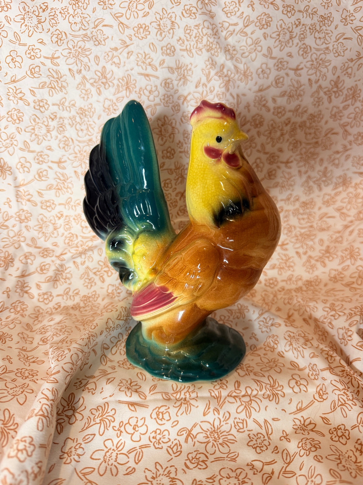 Vintage Hand Painted Ceramic Rooster Figurine Colorful Farmhouse Kitchen Décor