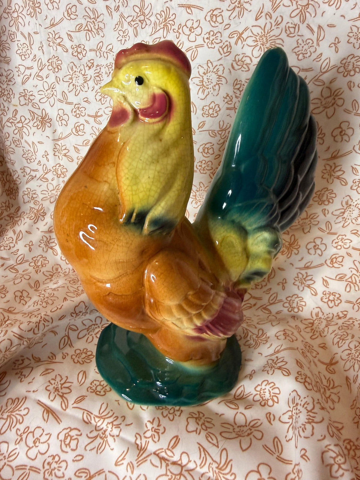 Vintage Hand Painted Ceramic Rooster Figurine Colorful Farmhouse Kitchen Décor