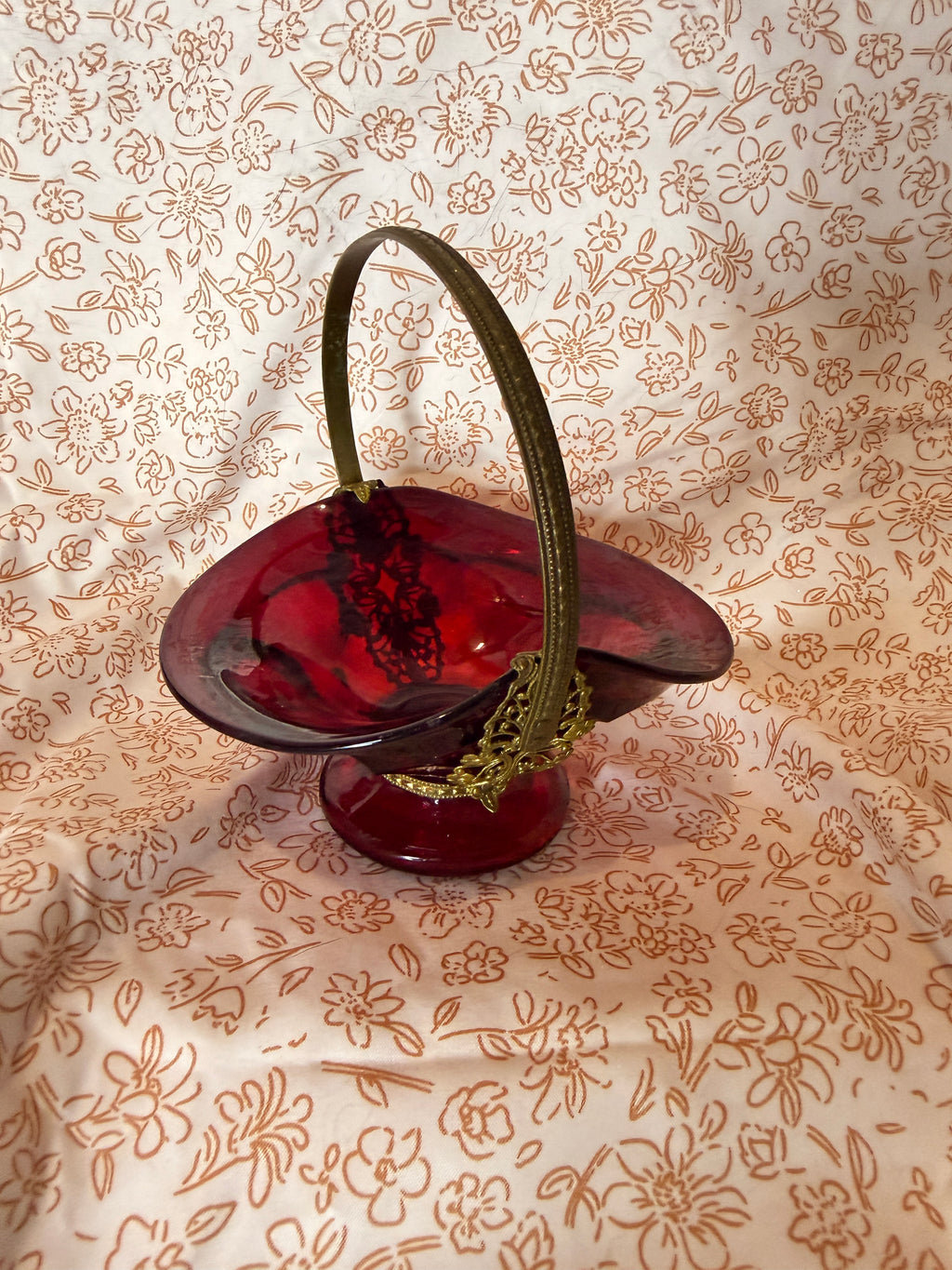 Vintage Ruby Red Art Glass Basket with Ornate Brass Handle