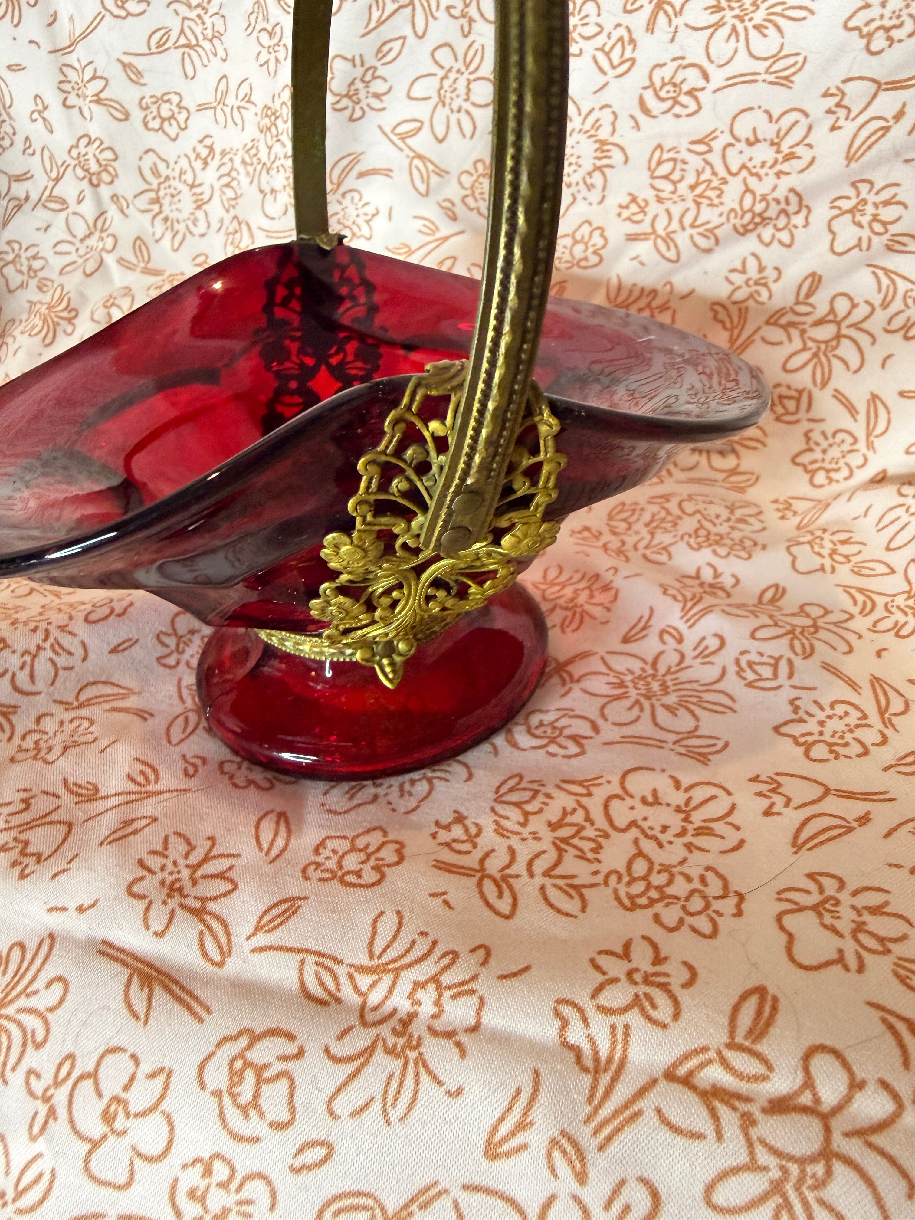 Vintage Ruby Red Art Glass Basket with Ornate Brass Handle