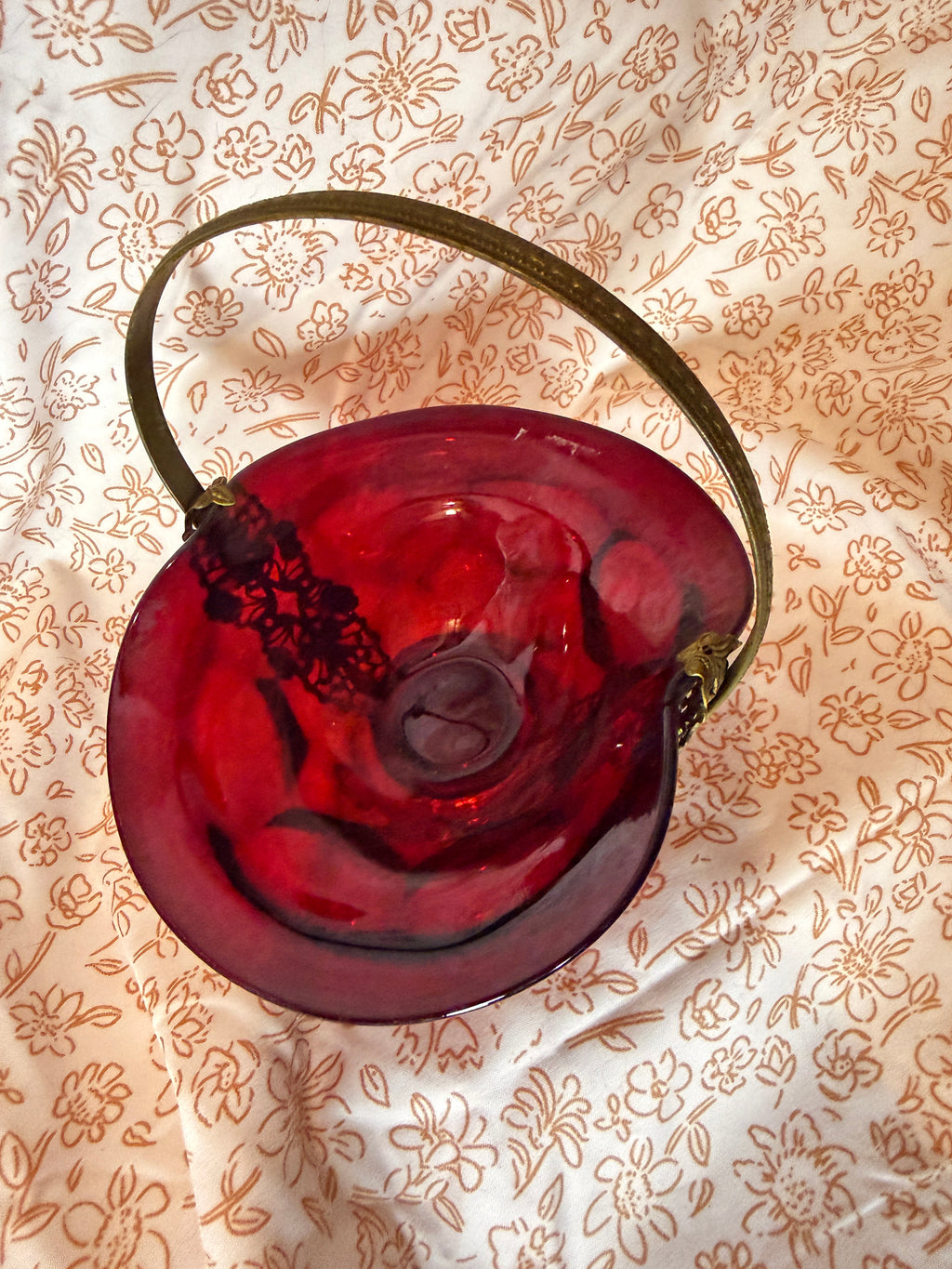 Vintage Ruby Red Art Glass Basket with Ornate Brass Handle
