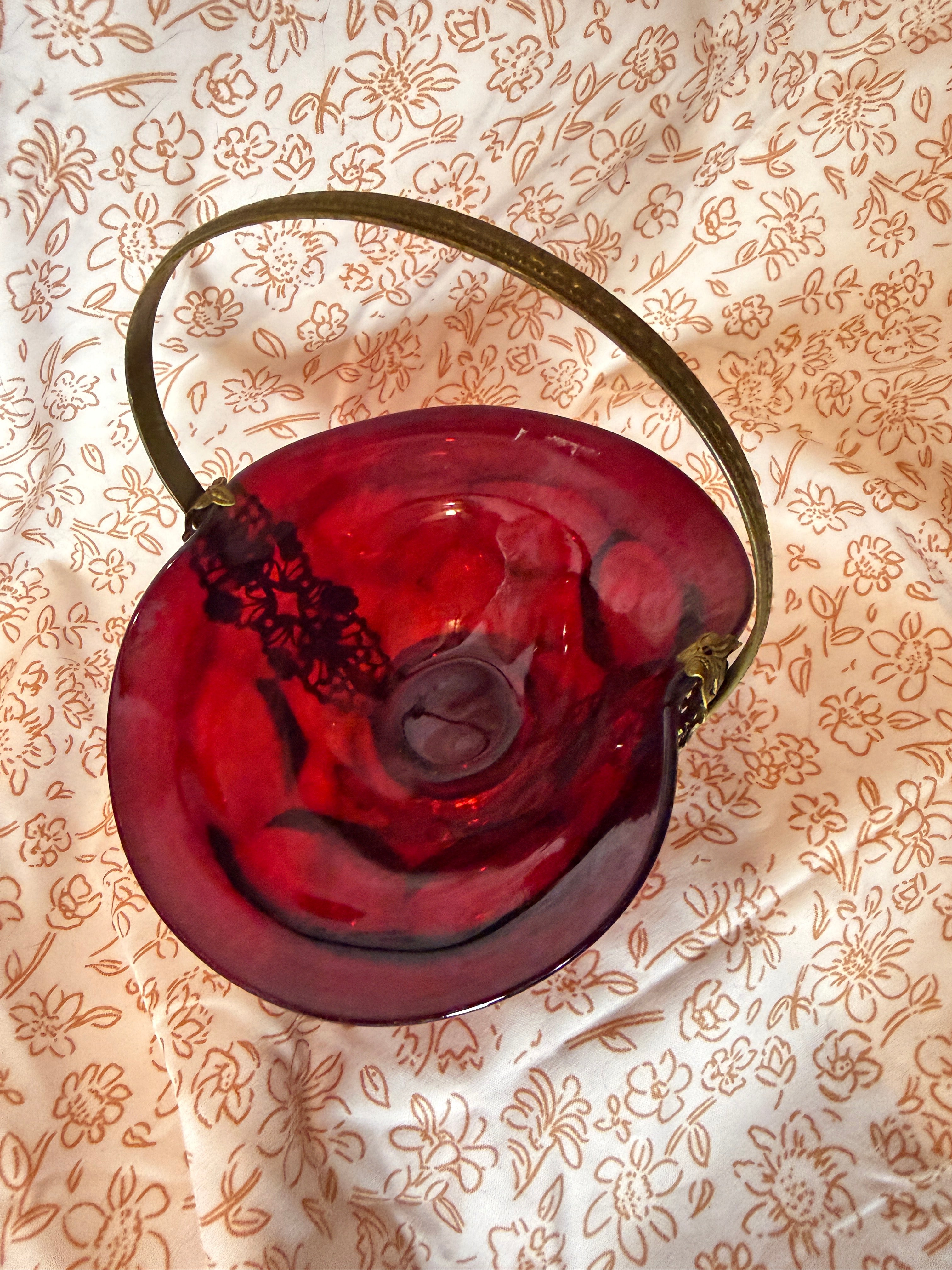 Vintage Ruby Red Art Glass Basket with Ornate Brass Handle