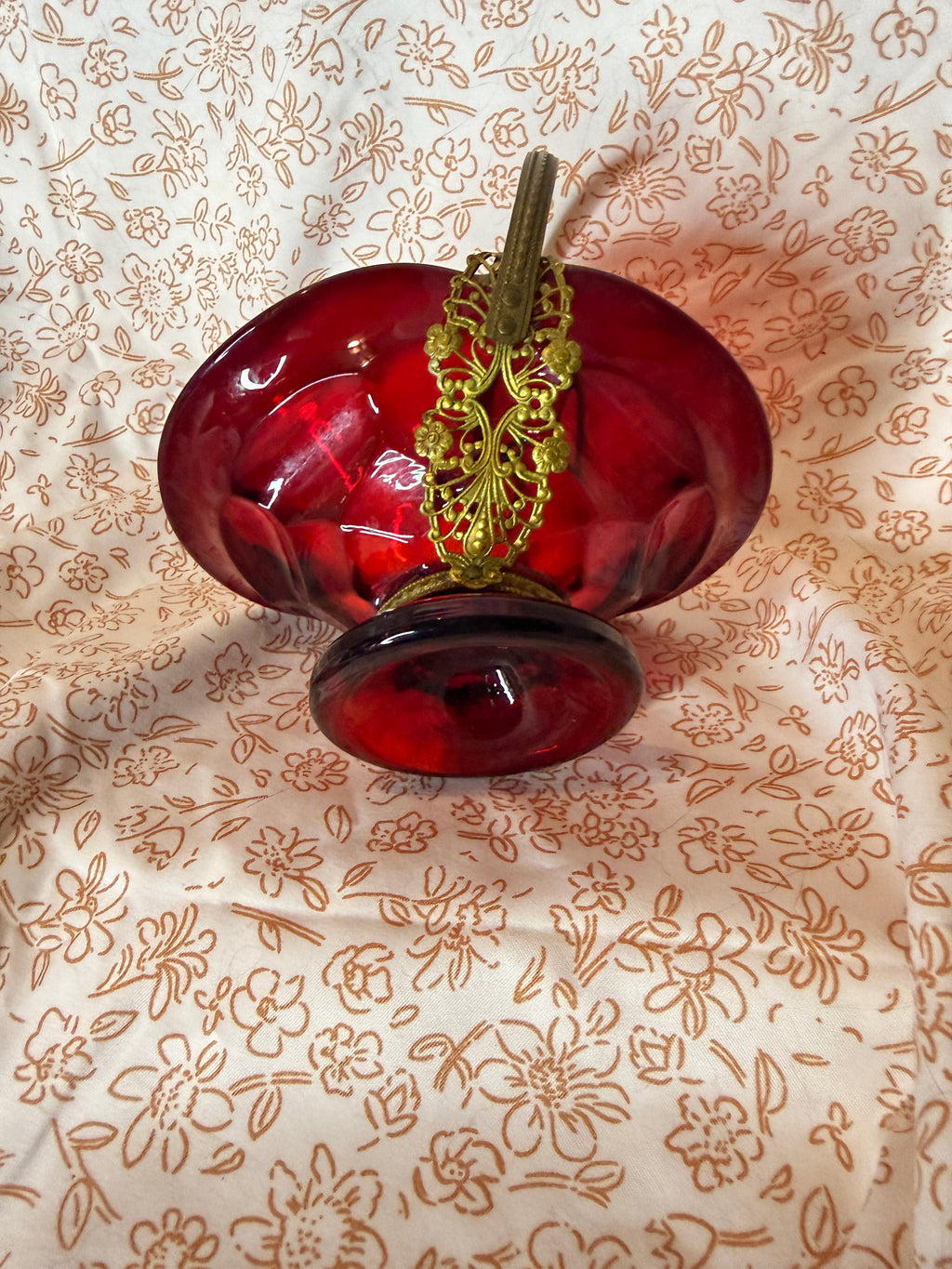 Vintage Ruby Red Art Glass Basket with Ornate Brass Handle