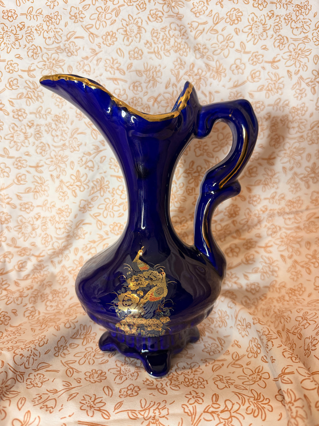 Vintage Cobalt Blue Ceramic Pitcher with Gold Pheasant Motif & Gold Trim