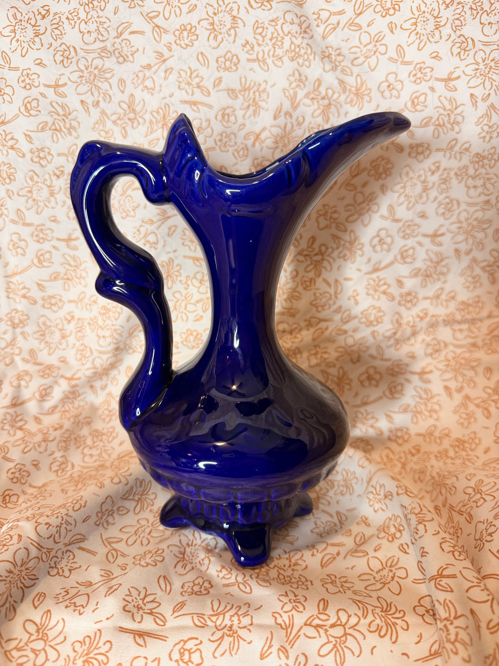 Vintage Cobalt Blue Ceramic Pitcher with Gold Pheasant Motif & Gold Trim