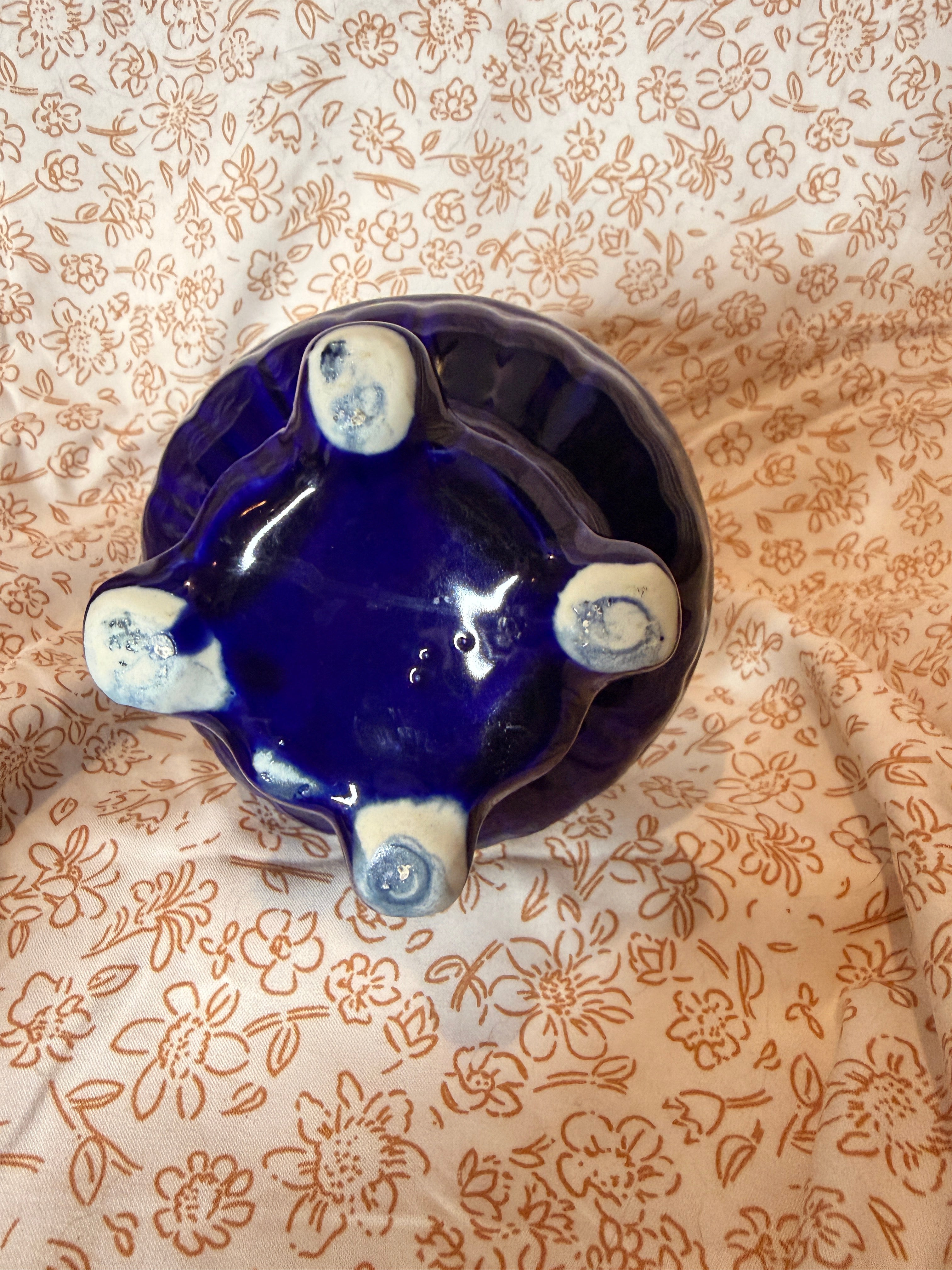 Vintage Cobalt Blue Ceramic Pitcher with Gold Pheasant Motif & Gold Trim