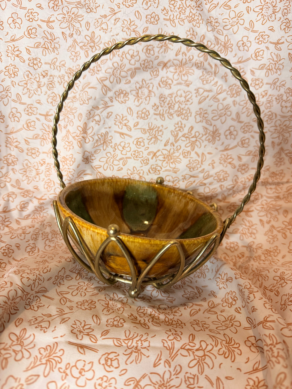 Vintage Signed Studio Pottery Bowl in Brass Tone Wire Basket Earth Tone Stoneware Centerpiece