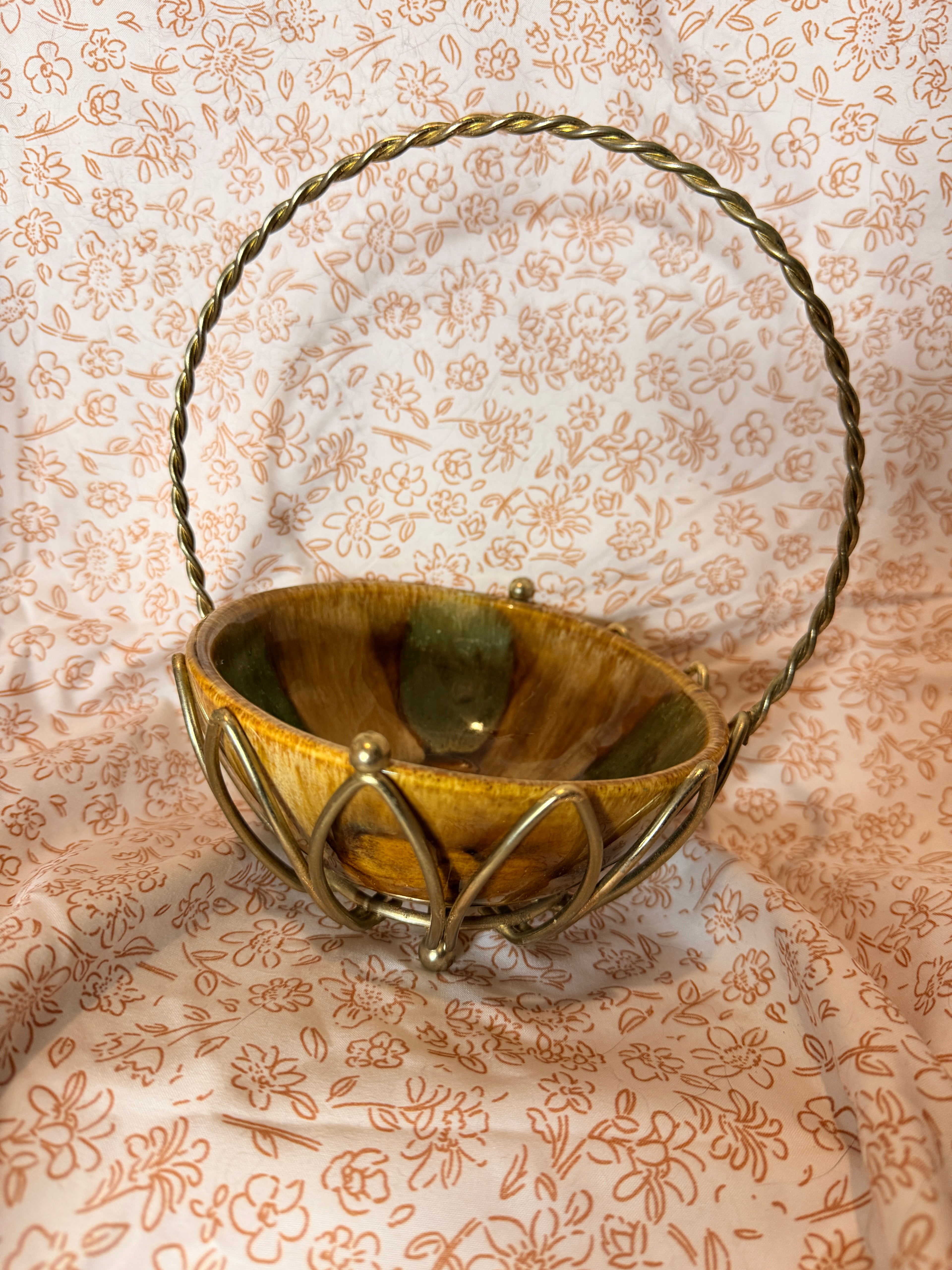 Vintage Signed Studio Pottery Bowl in Brass Tone Wire Basket Earth Tone Stoneware Centerpiece
