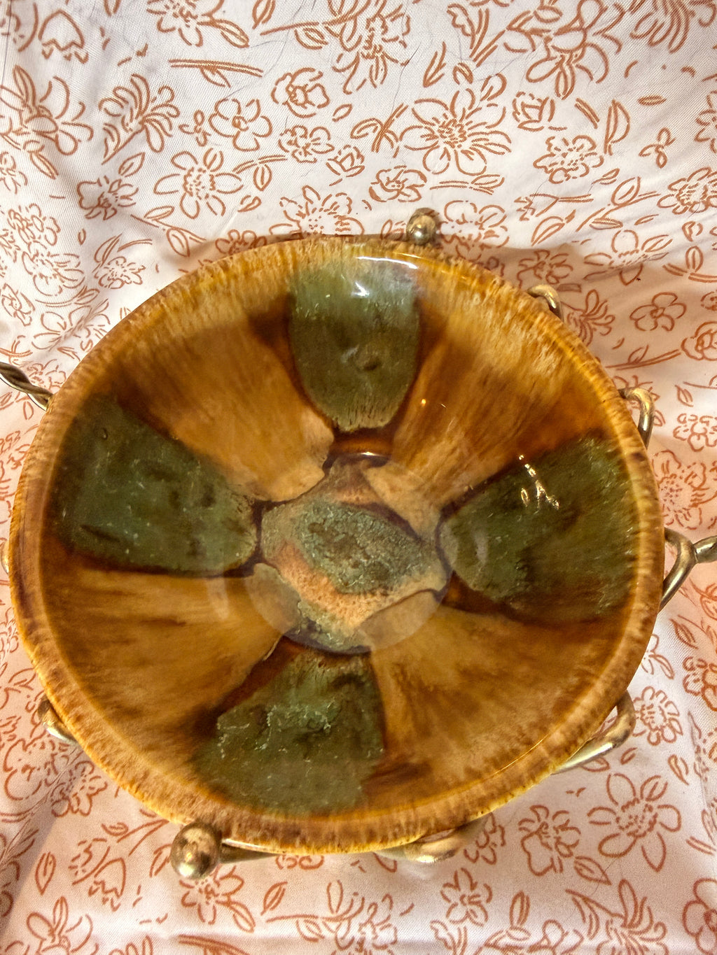 Vintage Signed Studio Pottery Bowl in Brass Tone Wire Basket Earth Tone Stoneware Centerpiece