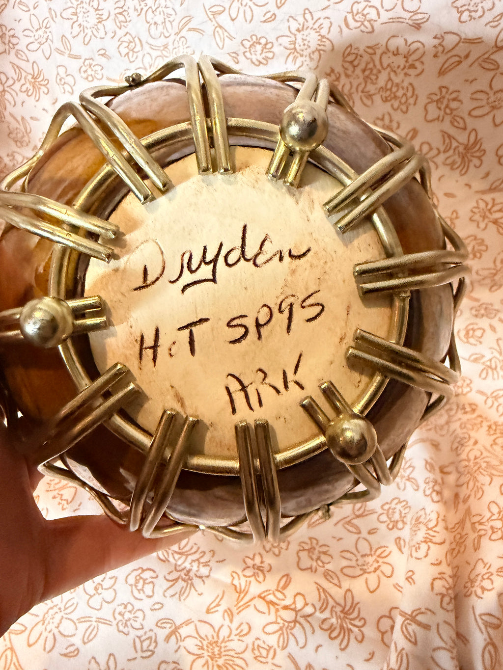 Vintage Signed Studio Pottery Bowl in Brass Tone Wire Basket Earth Tone Stoneware Centerpiece