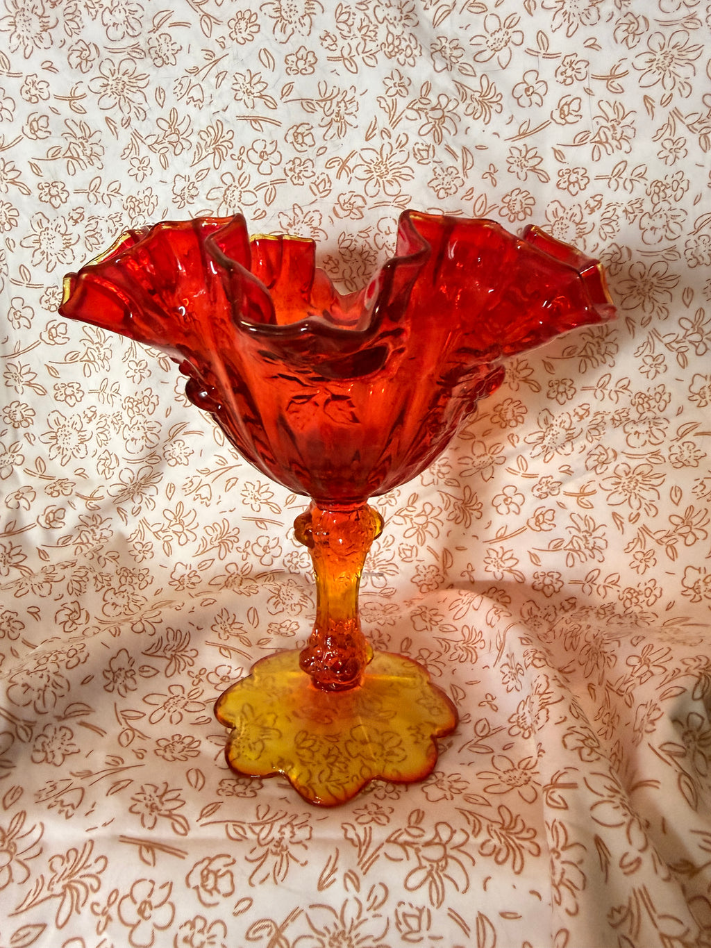 Vintage Amberina Pedestal Ruffled Compote Art Glass Centerpiece Bowl