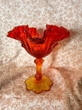 Vintage Amberina Pedestal Ruffled Compote Art Glass Centerpiece Bowl