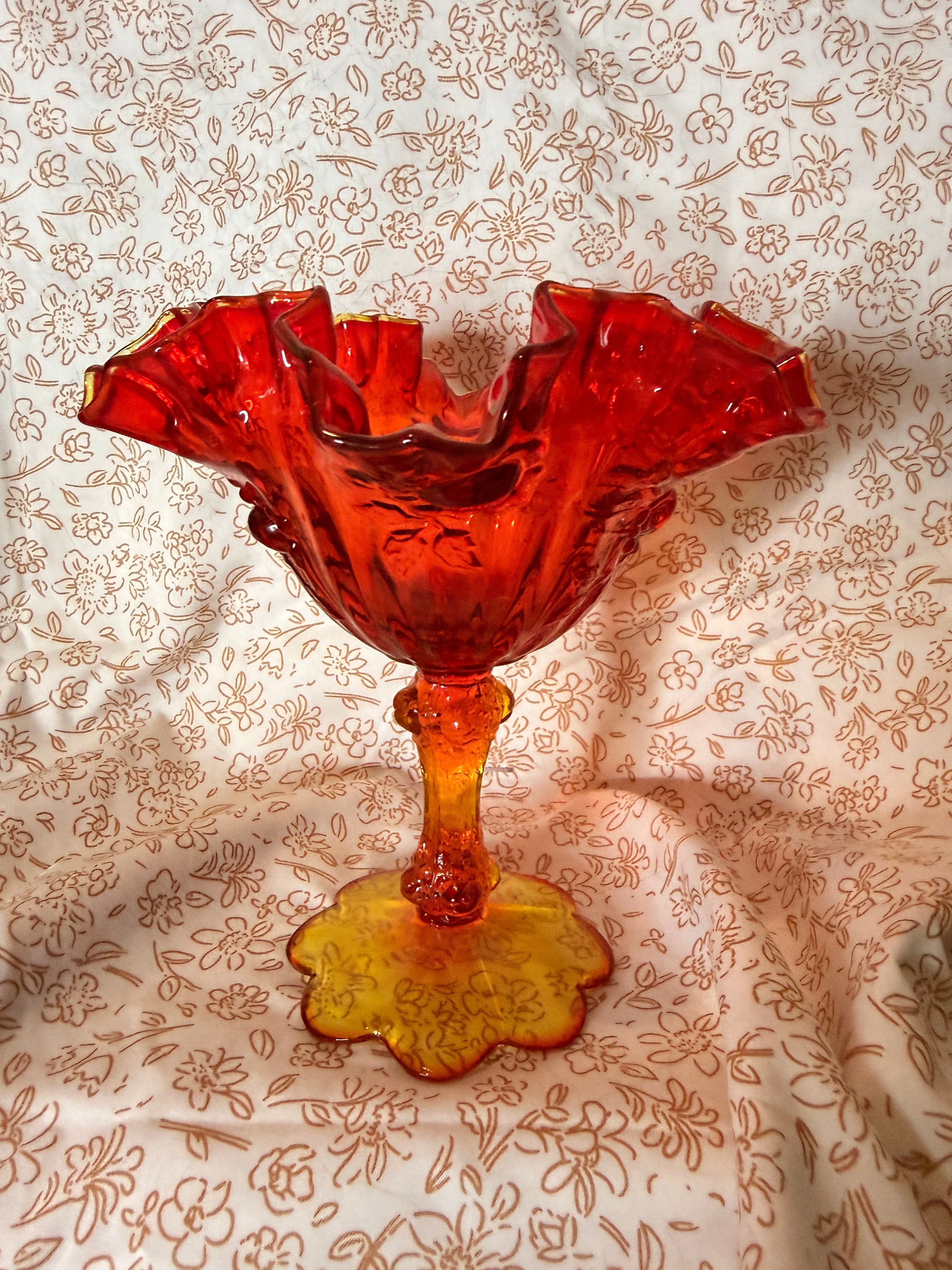 Vintage Amberina Pedestal Ruffled Compote Art Glass Centerpiece Bowl