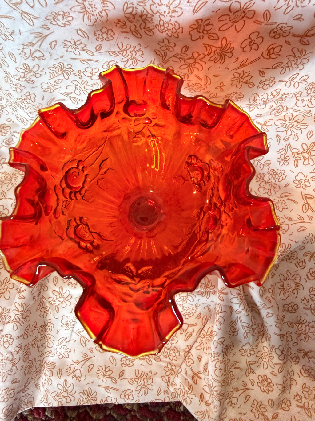 Vintage Amberina Pedestal Ruffled Compote Art Glass Centerpiece Bowl