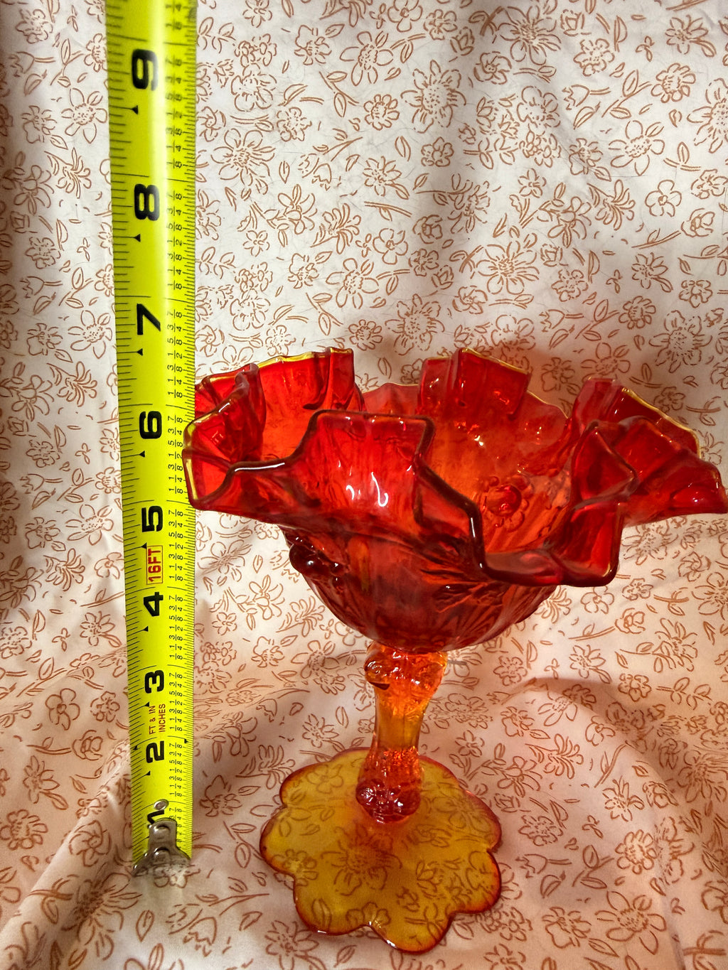 Vintage Amberina Pedestal Ruffled Compote Art Glass Centerpiece Bowl