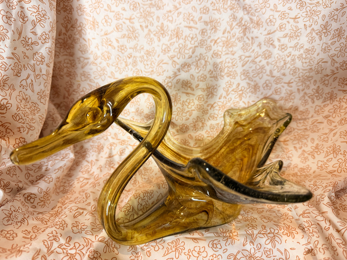 Vintage Amber Art Glass Swan Bowl Mid Century Decorative Centerpiece Candy Dish
