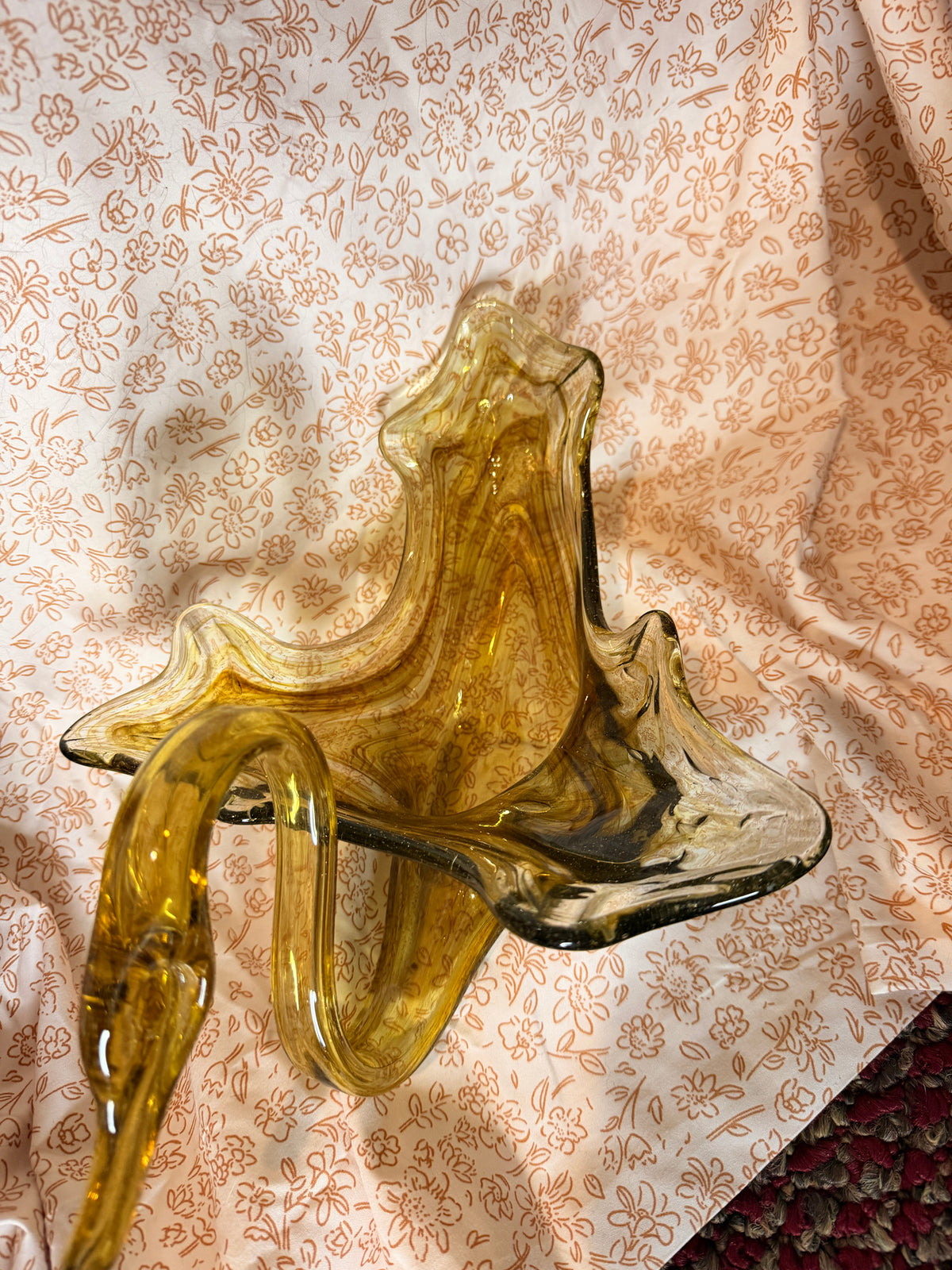 Vintage Amber Art Glass Swan Bowl Mid Century Decorative Centerpiece Candy Dish