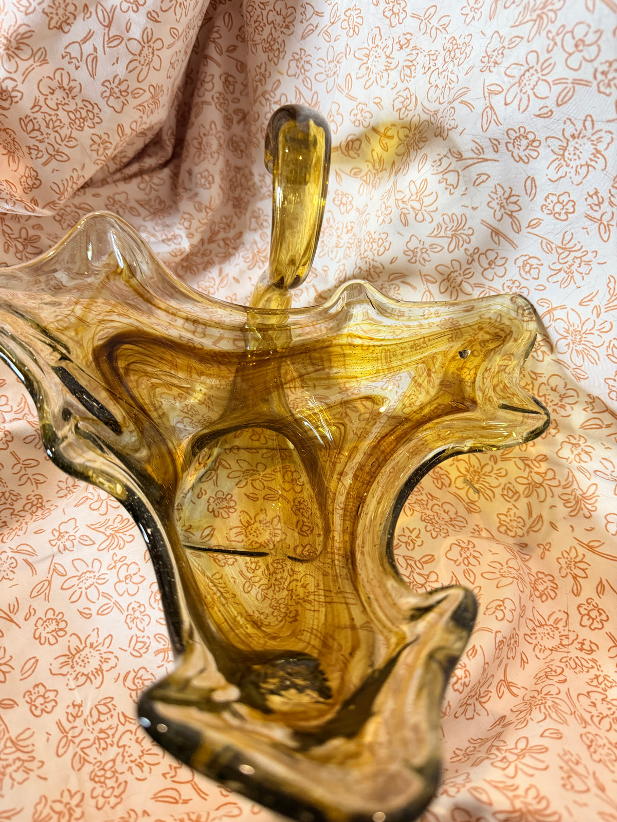 Vintage Amber Art Glass Swan Bowl Mid Century Decorative Centerpiece Candy Dish