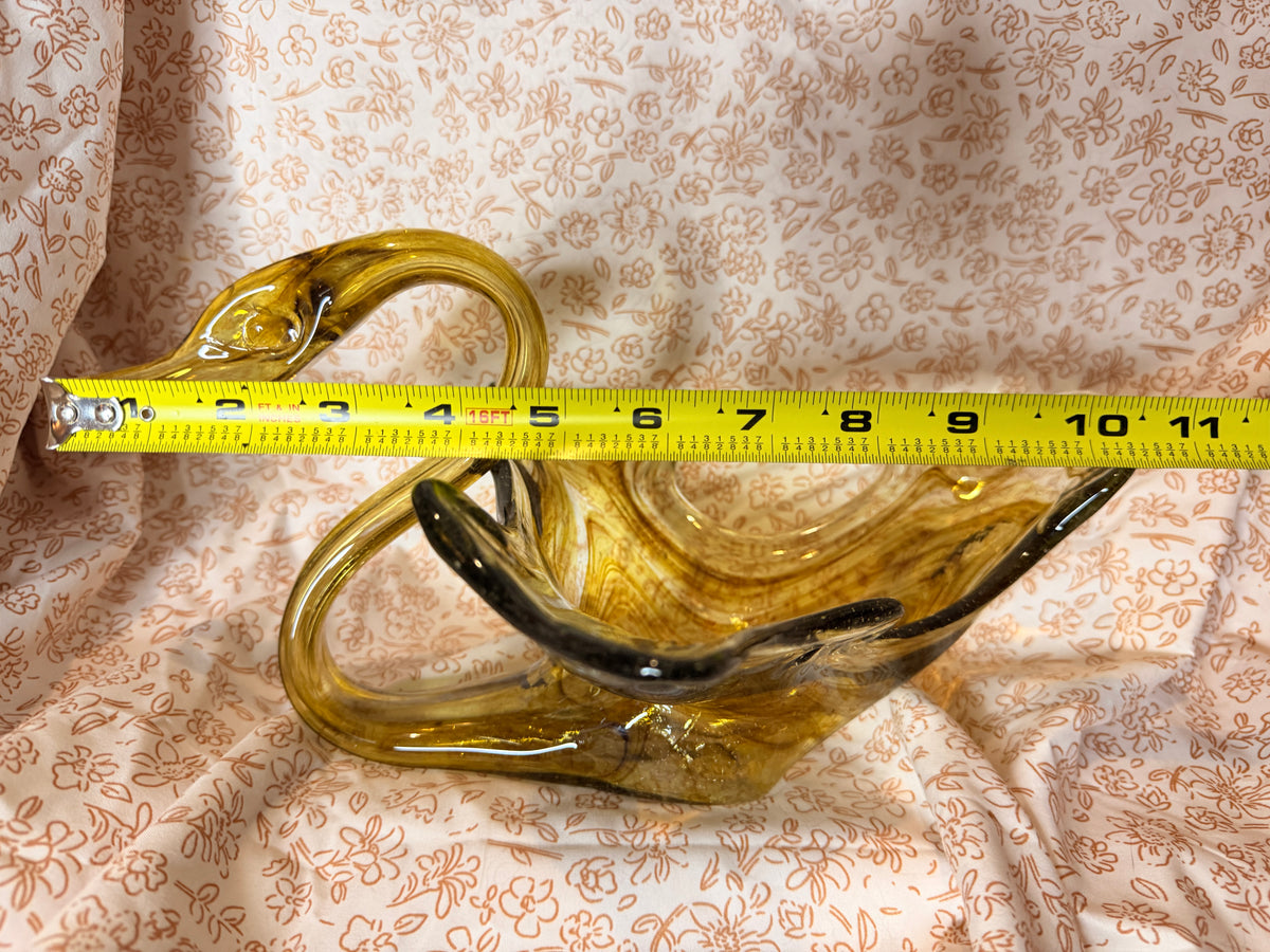 Vintage Amber Art Glass Swan Bowl Mid Century Decorative Centerpiece Candy Dish