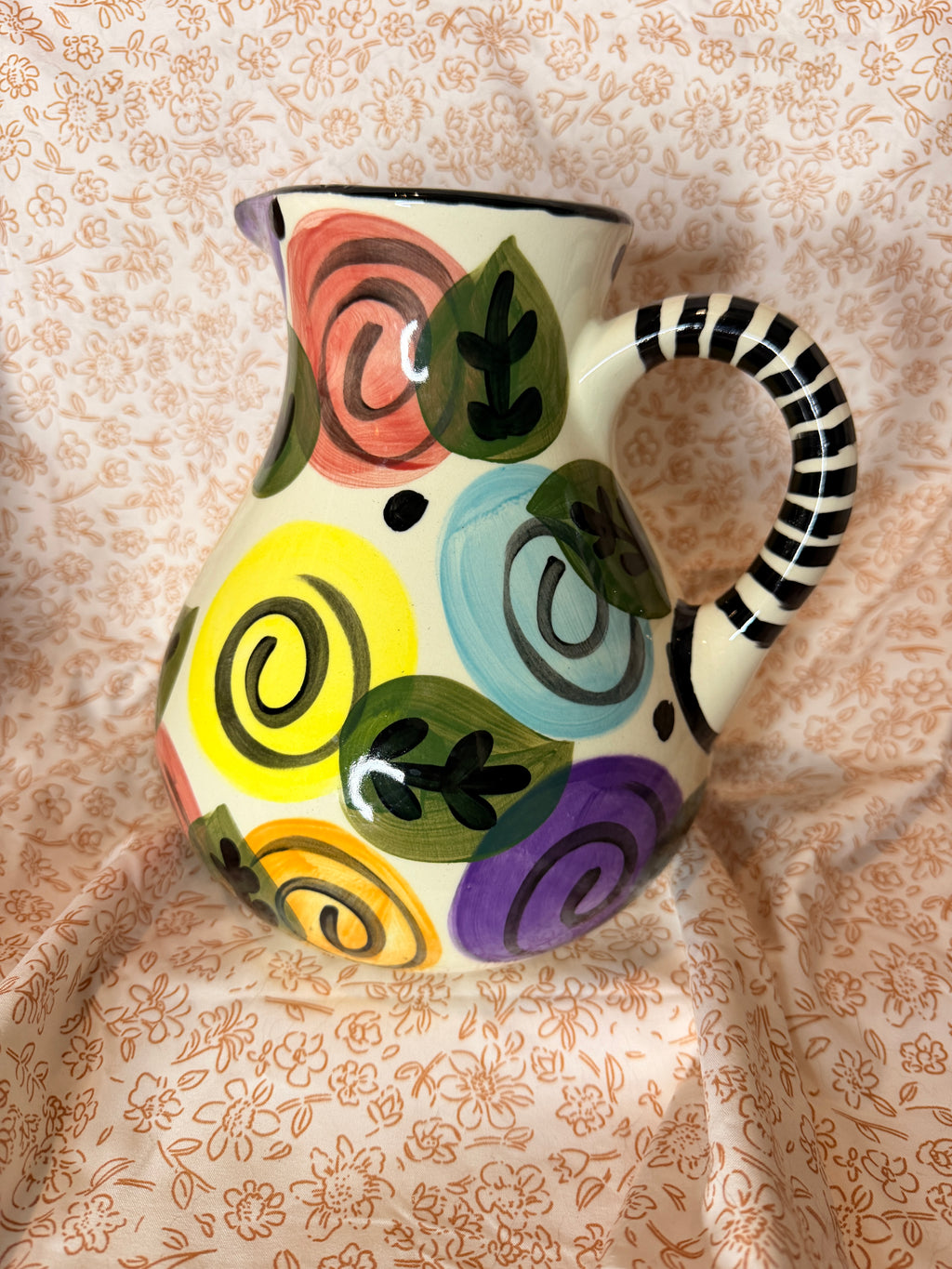Vintage Pier 1 Imports Hand Painted Floral Ceramic Pitcher with Black & White Striped Handle