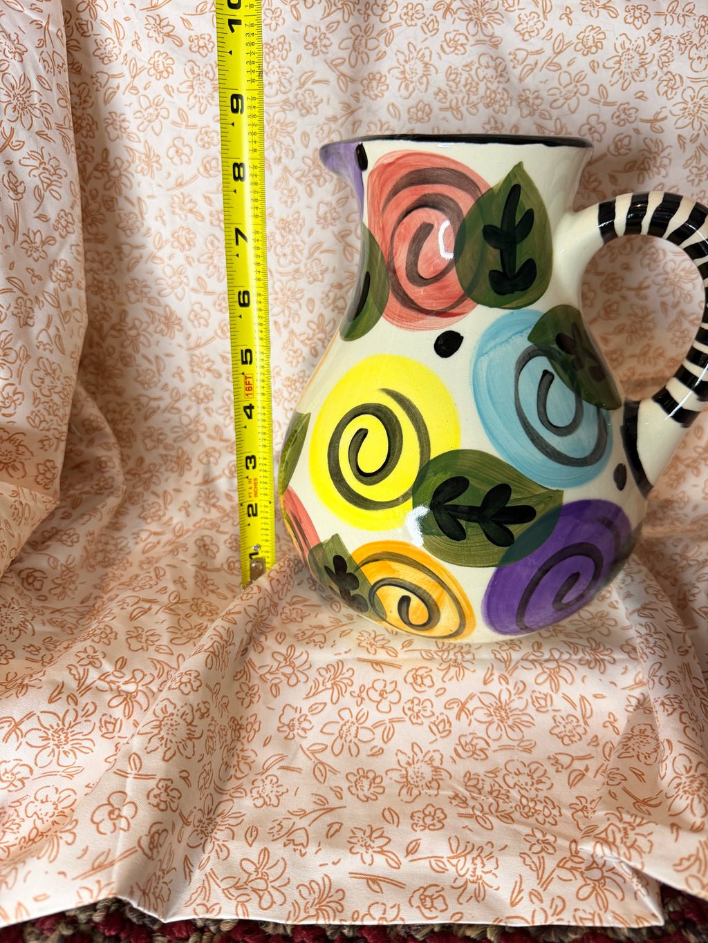 Vintage Pier 1 Imports Hand Painted Floral Ceramic Pitcher with Black & White Striped Handle