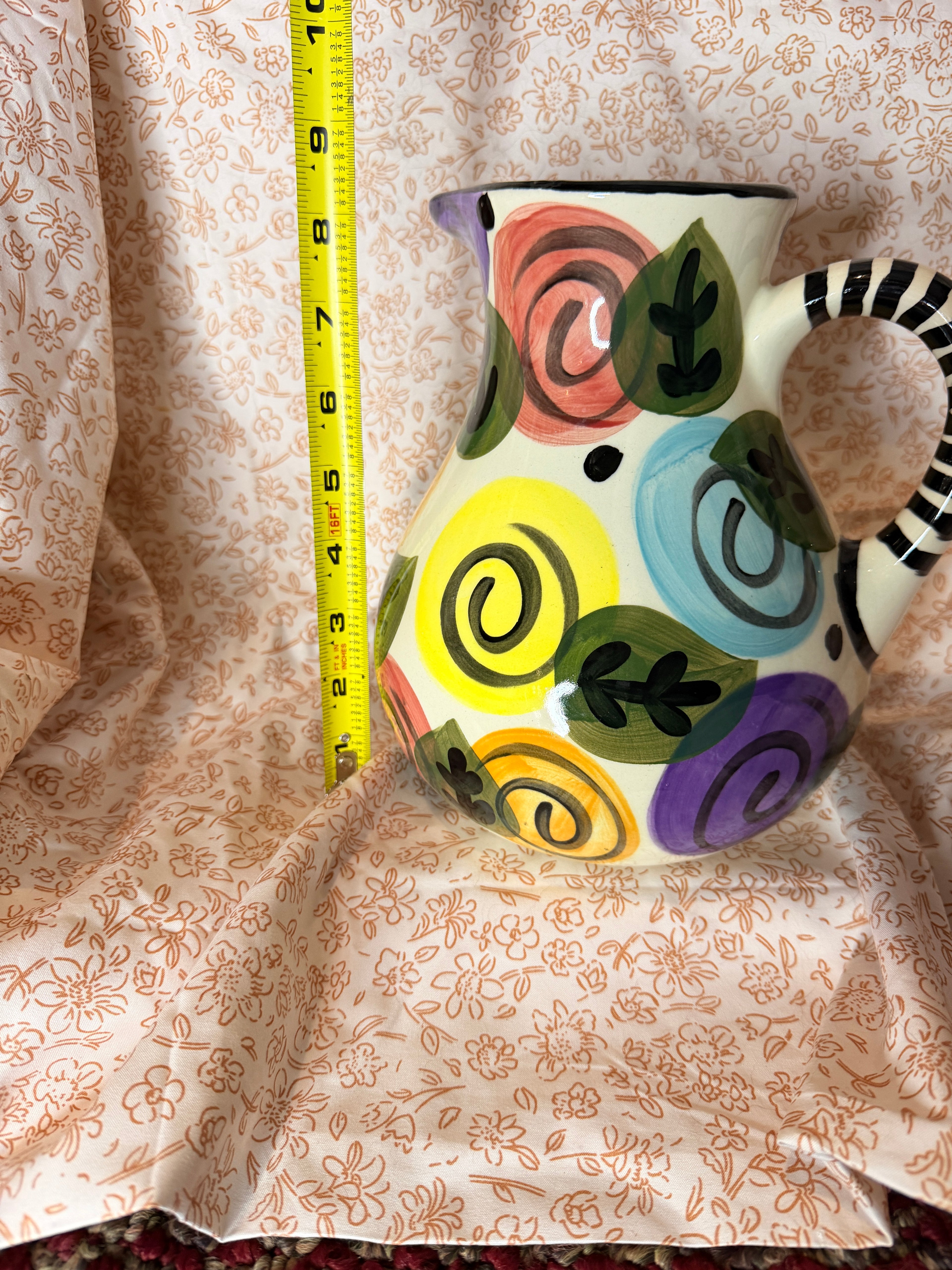 Vintage Pier 1 Imports Hand Painted Floral Ceramic Pitcher with Black & White Striped Handle