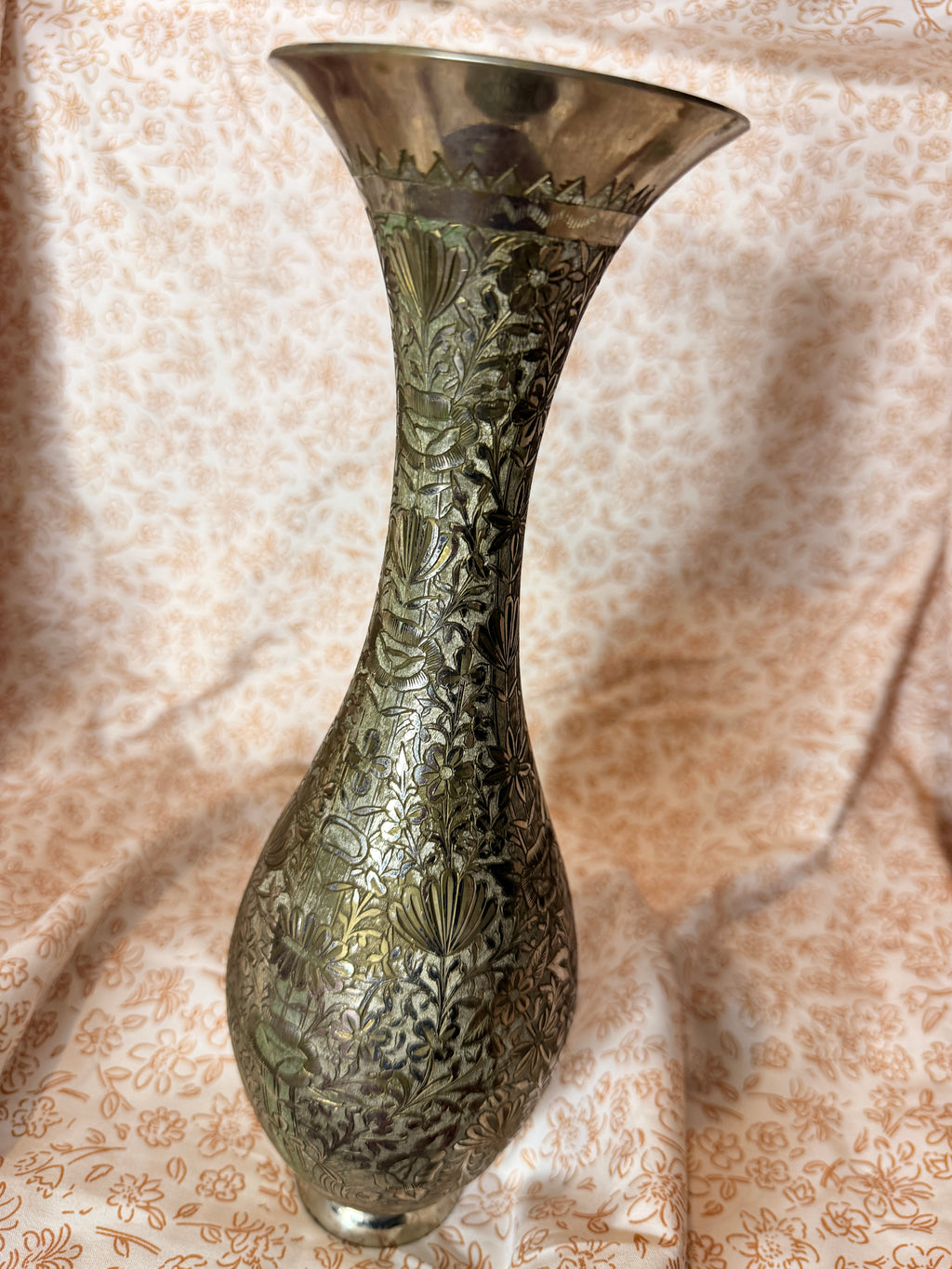 Vintage Hand Engraved Silver Tone Floral Vase – Made in India