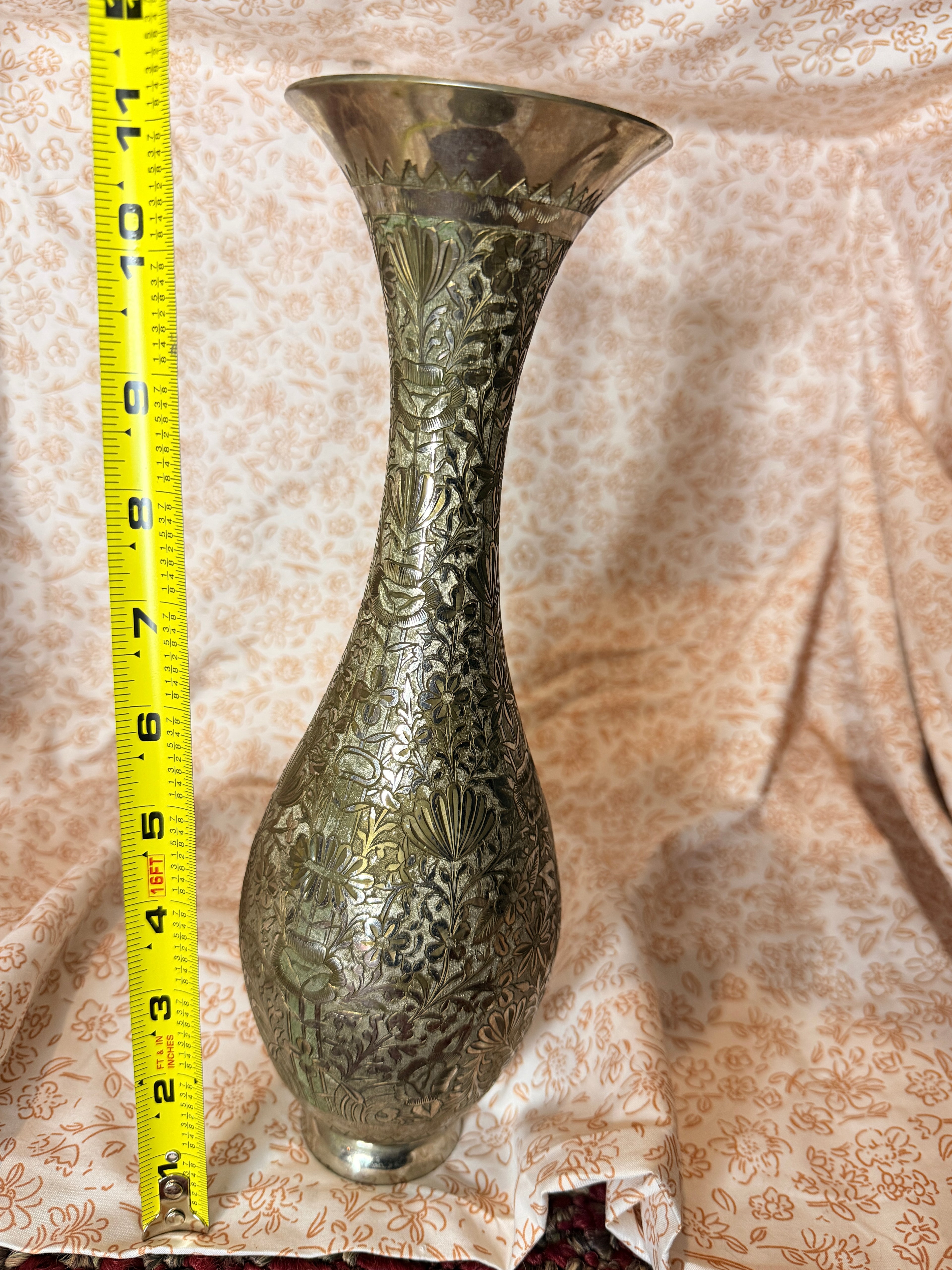 Vintage Hand Engraved Silver Tone Floral Vase – Made in India