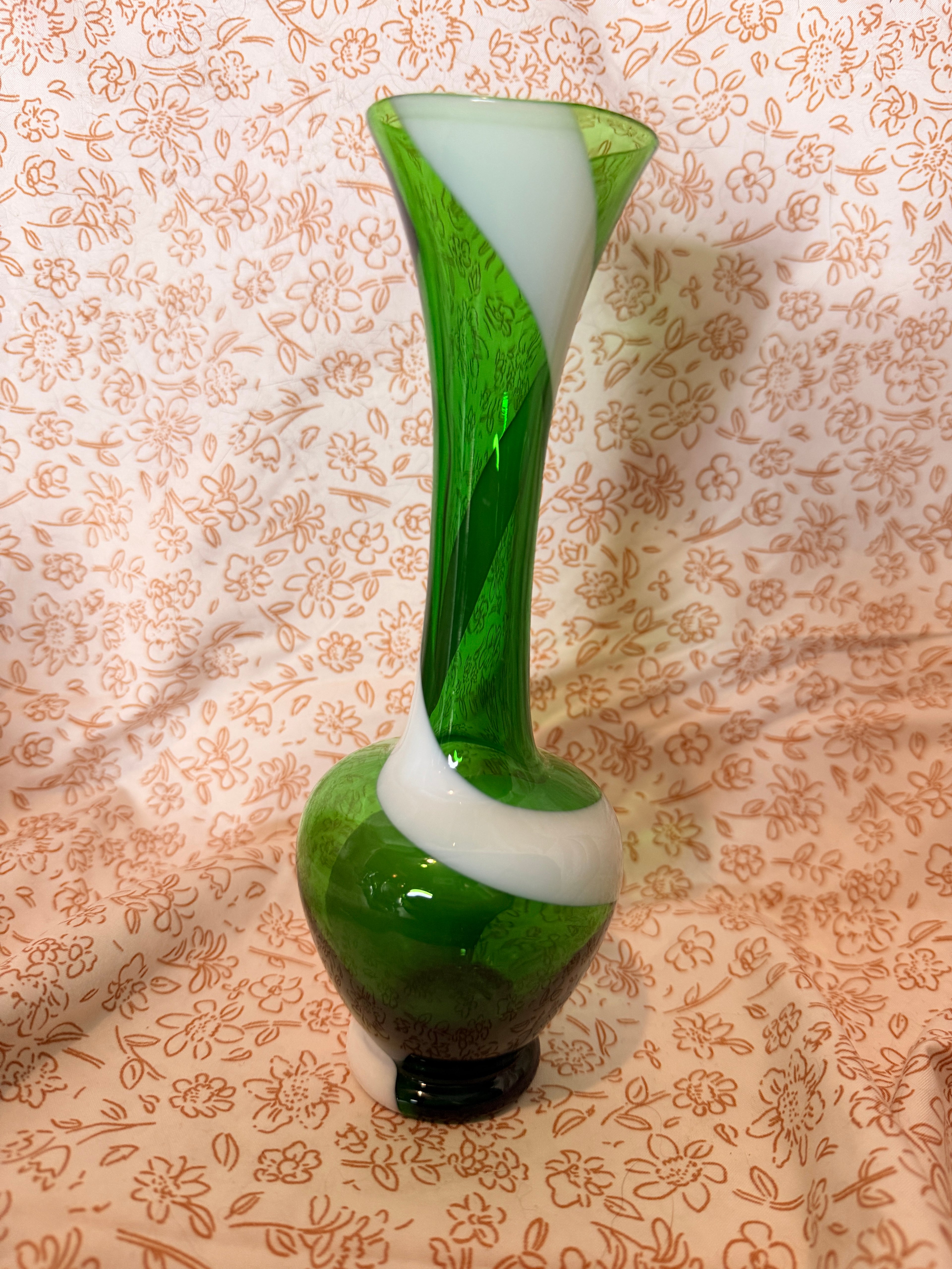 Vintage Green & White Cased Art Glass Swirl Vase