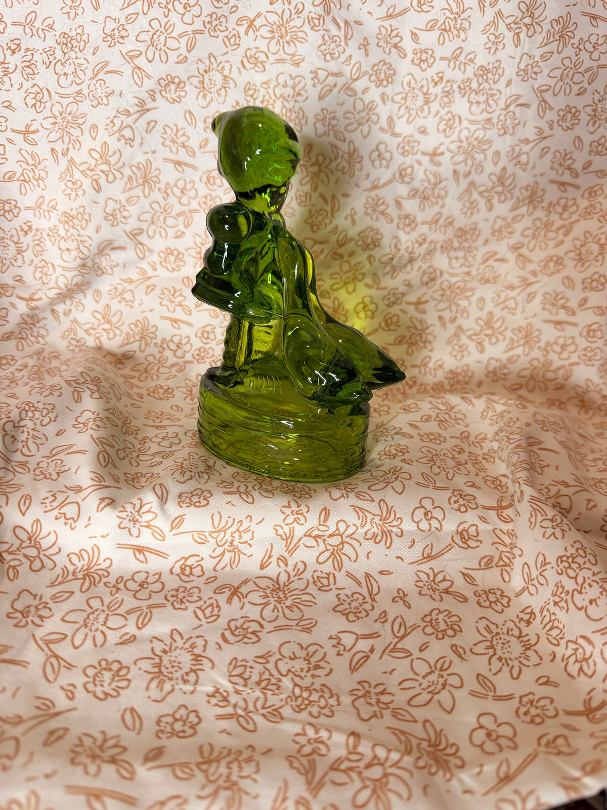 Vintage Green Art Glass Girl with Geese Figurine | Emerald Glass Sculpture | Mid Century Decor | Heavy Glass