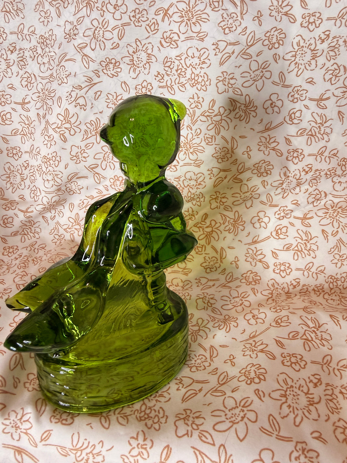 Vintage Green Art Glass Girl with Geese Figurine | Emerald Glass Sculpture | Mid Century Decor | Heavy Glass