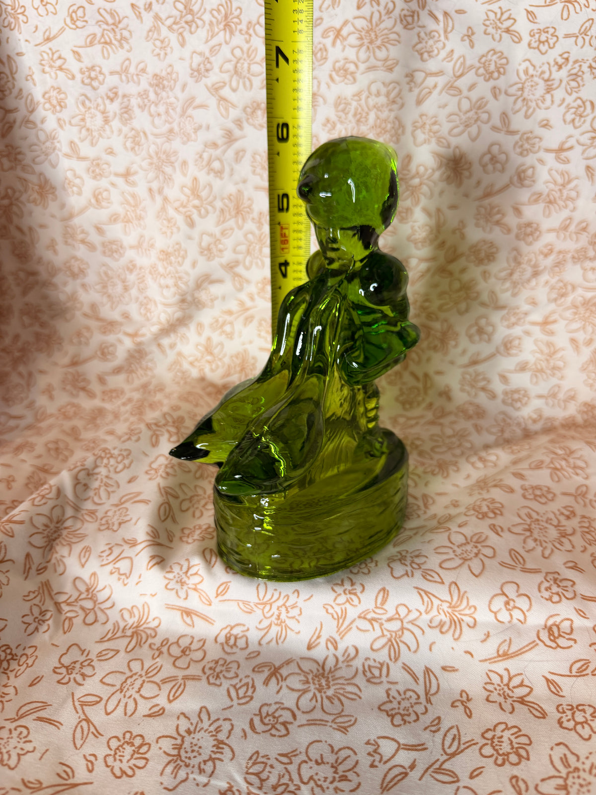 Vintage Green Art Glass Girl with Geese Figurine | Emerald Glass Sculpture | Mid Century Decor | Heavy Glass