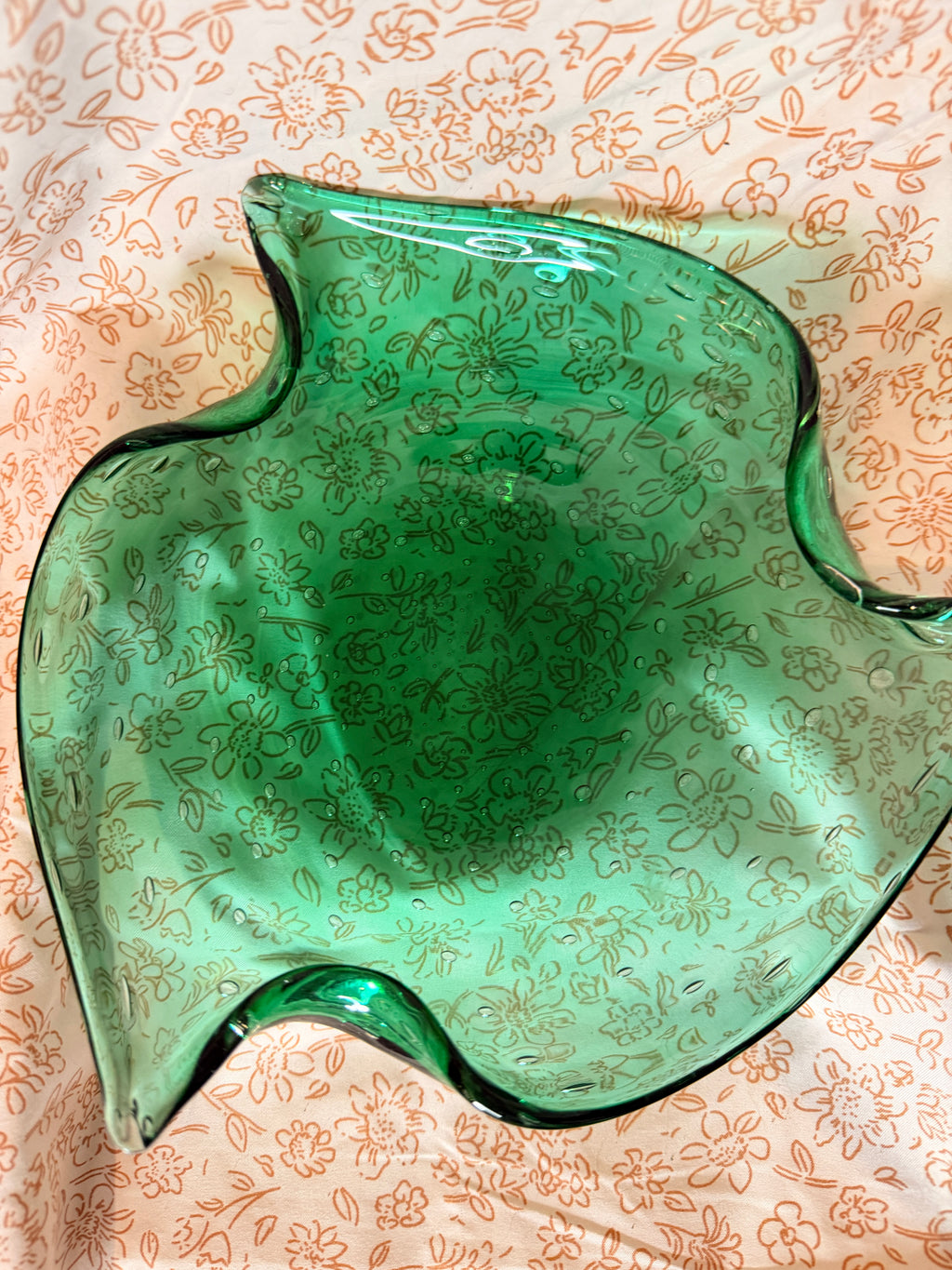 Vintage Emerald Green Freeform Art Glass Console Bowl