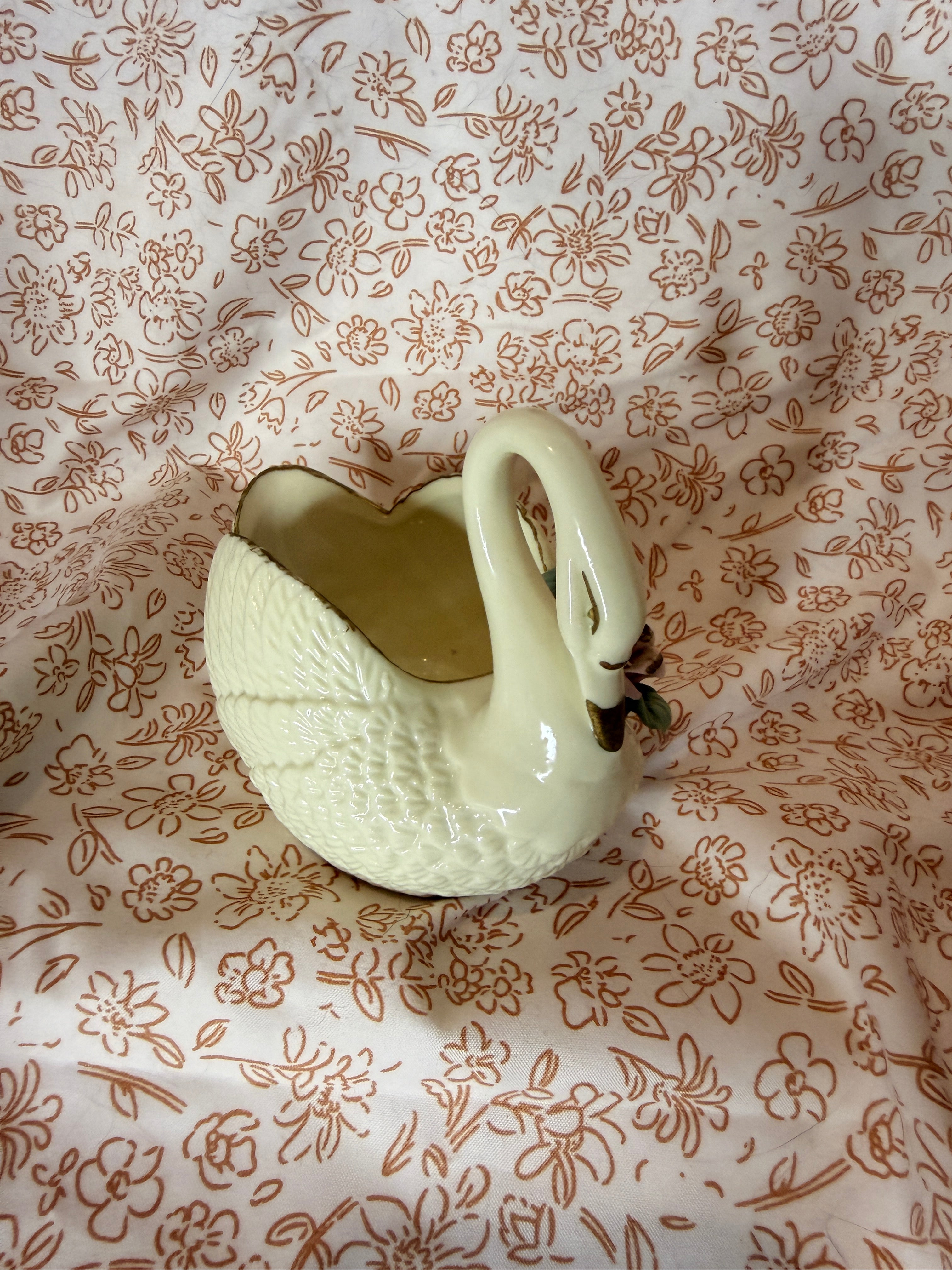 Vintage Ceramic Swan Planter with Applied Pink Roses