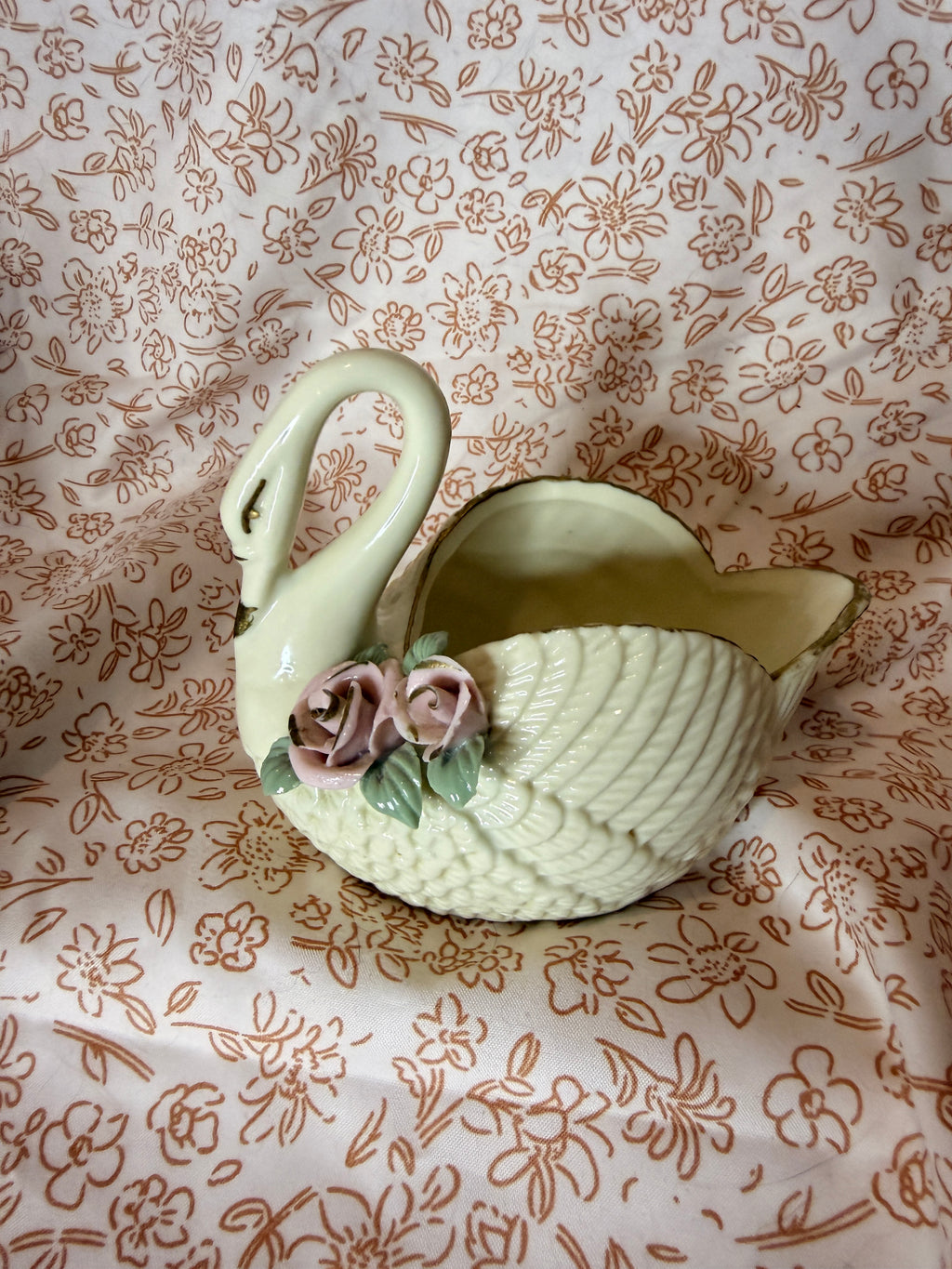 Vintage Ceramic Swan Planter with Applied Pink Roses