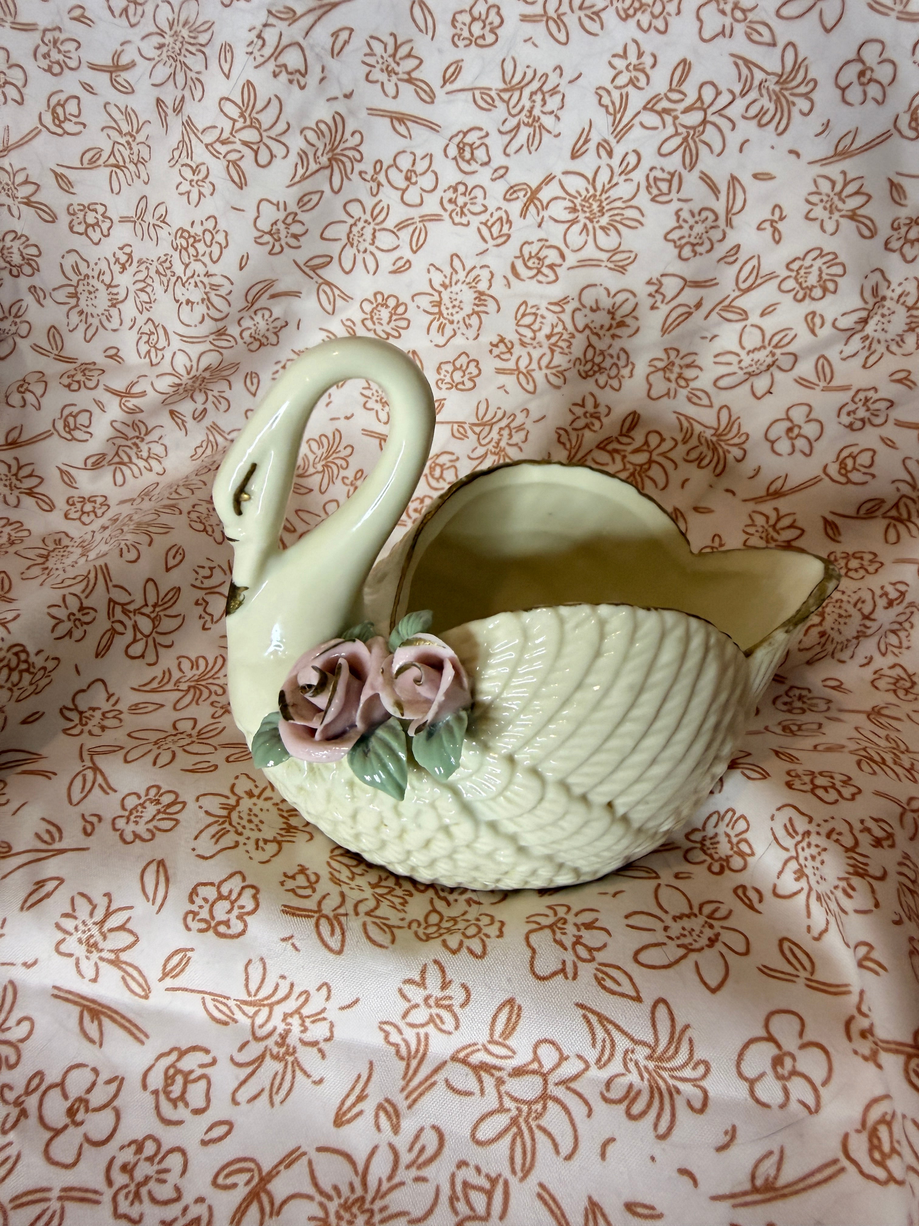 Vintage Ceramic Swan Planter with Applied Pink Roses