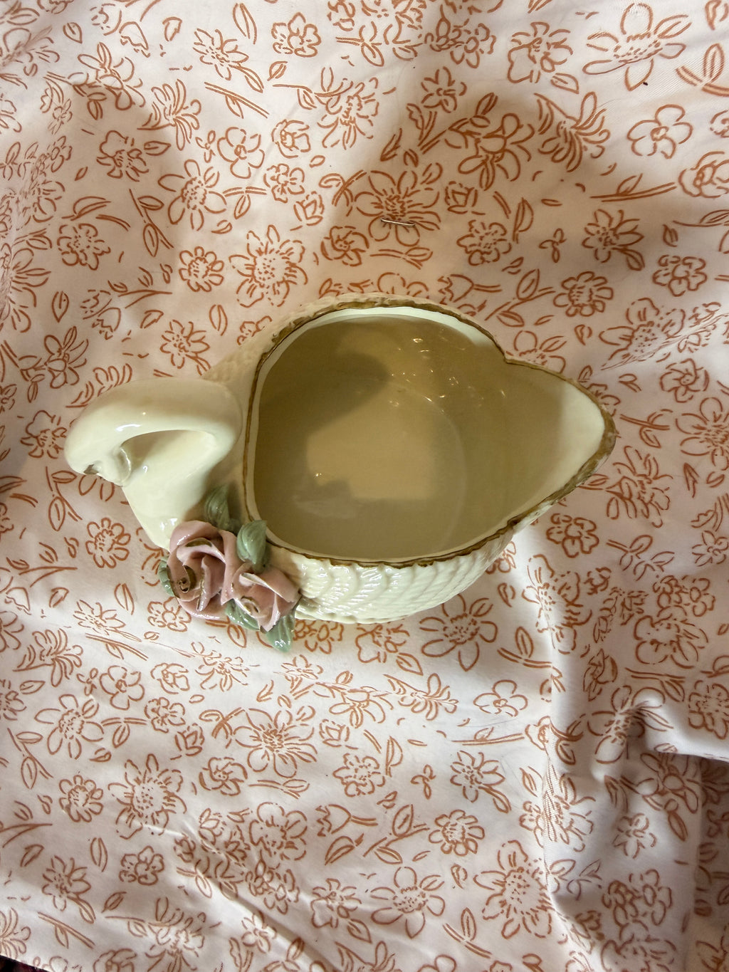Vintage Ceramic Swan Planter with Applied Pink Roses