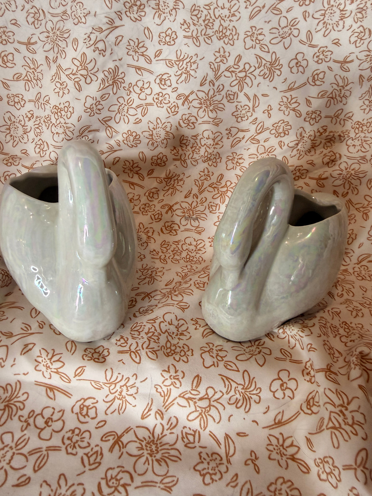 Vintage Pair of Iridescent White Swan Planters | Lusterware Ceramic Swan Cachepots | Mid Century Home Decor