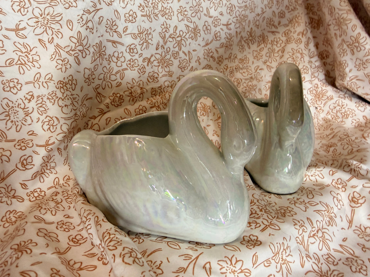 Vintage Pair of Iridescent White Swan Planters | Lusterware Ceramic Swan Cachepots | Mid Century Home Decor