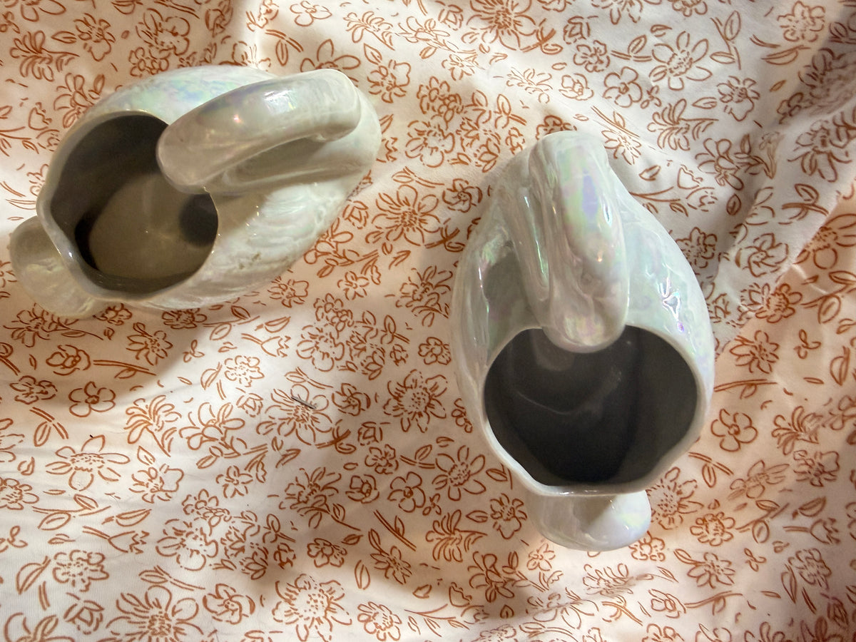 Vintage Pair of Iridescent White Swan Planters | Lusterware Ceramic Swan Cachepots | Mid Century Home Decor