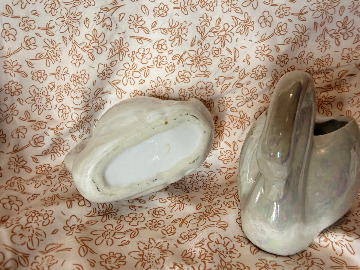 Vintage Pair of Iridescent White Swan Planters | Lusterware Ceramic Swan Cachepots | Mid Century Home Decor