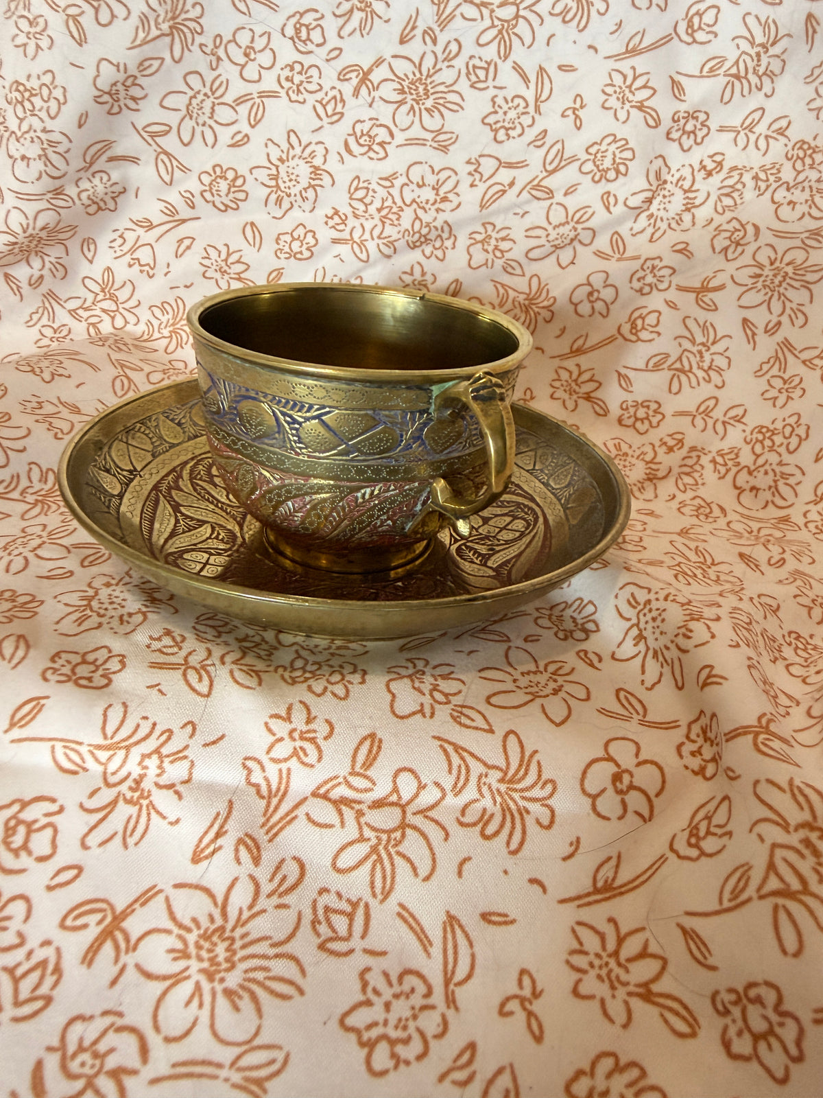 Vintage Hand Engraved Brass Cup & Saucer Set | Etched Brass Tea Cup | Middle Eastern Decor