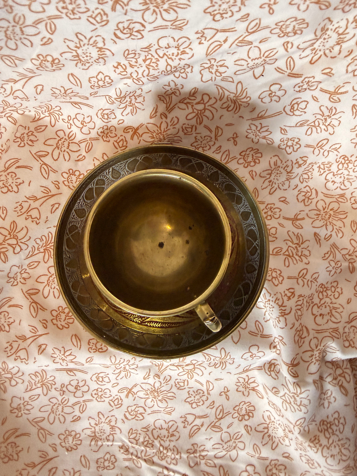 Vintage Hand Engraved Brass Cup & Saucer Set | Etched Brass Tea Cup | Middle Eastern Decor
