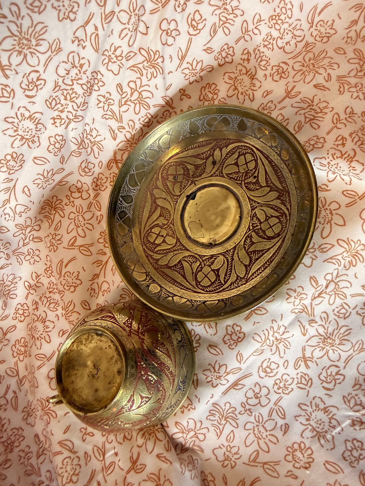 Vintage Hand Engraved Brass Cup & Saucer Set | Etched Brass Tea Cup | Middle Eastern Decor