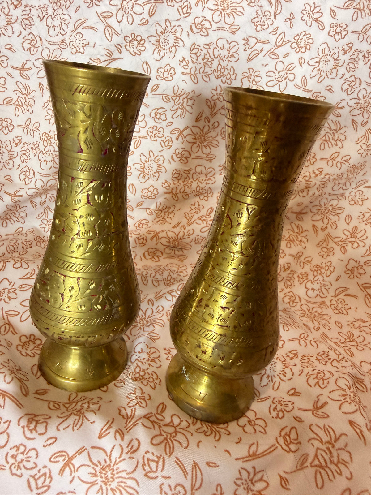Vintage Pair of Hand Etched Brass Bud Vases | Floral Brass Vases | Boho Decor