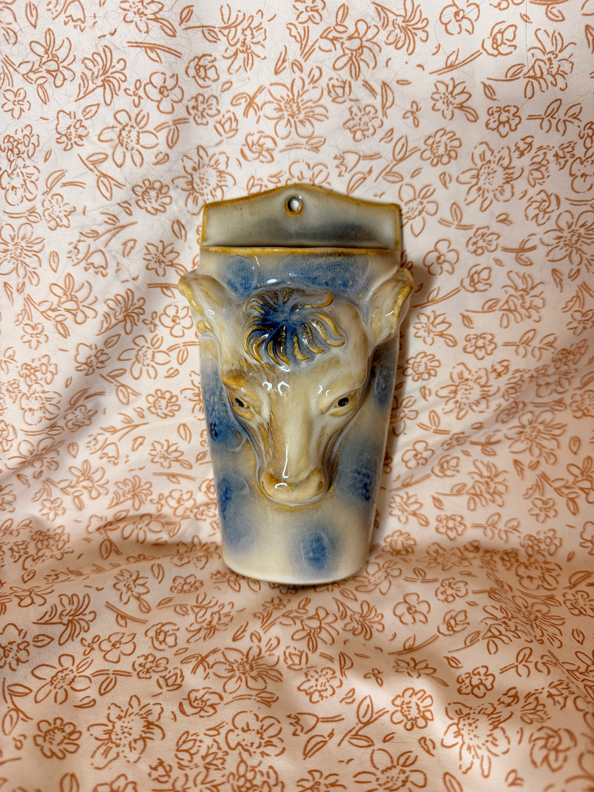 Vintage Ceramic Cow Wall Pocket Planter | Blue & Cream Cow Wall Vase | Farmhouse Decor
