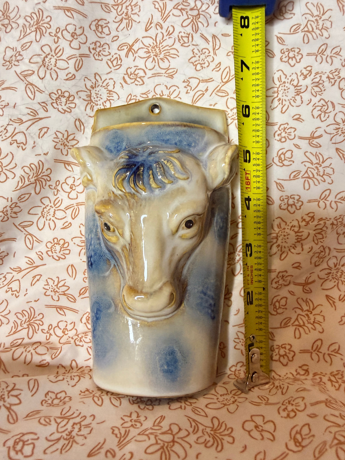 Vintage Ceramic Cow Wall Pocket Planter | Blue & Cream Cow Wall Vase | Farmhouse Decor
